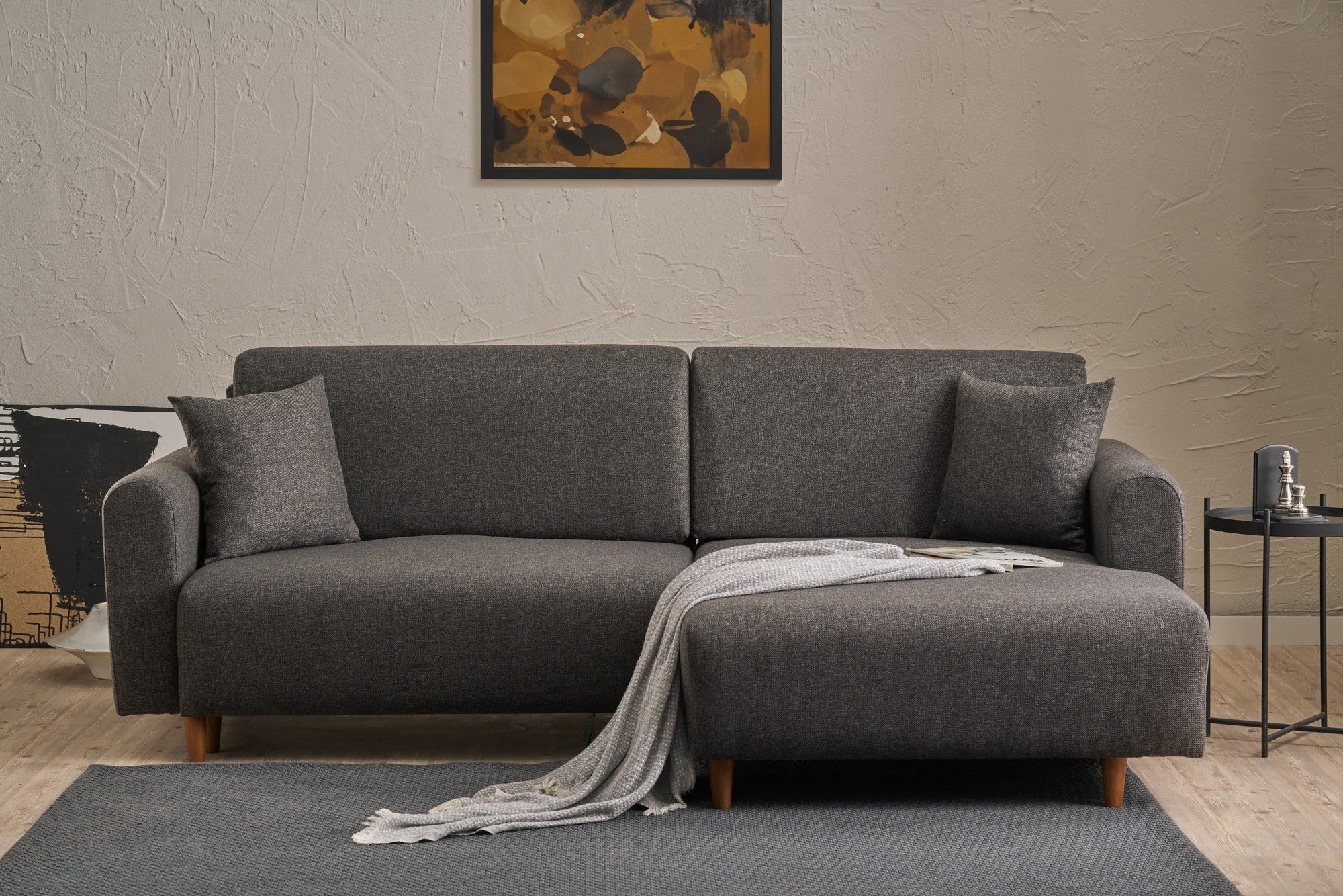 Sofá-cama de canto elegante, antracite, 246 x 160 x 85 cm | Estrutura em madeira de abeto, 100% poliéster, espuma 28 DNS, pernas em madeira de faia | Perfeito para espaços modernos