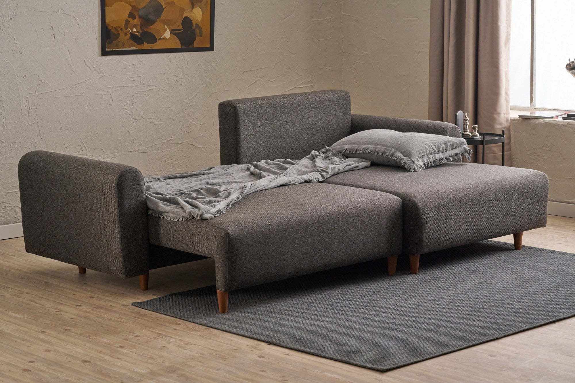 Sofá-cama de canto elegante, antracite, 246 x 160 x 85 cm | Estrutura em madeira de abeto, 100% poliéster, espuma 28 DNS, pernas em madeira de faia | Perfeito para espaços modernos