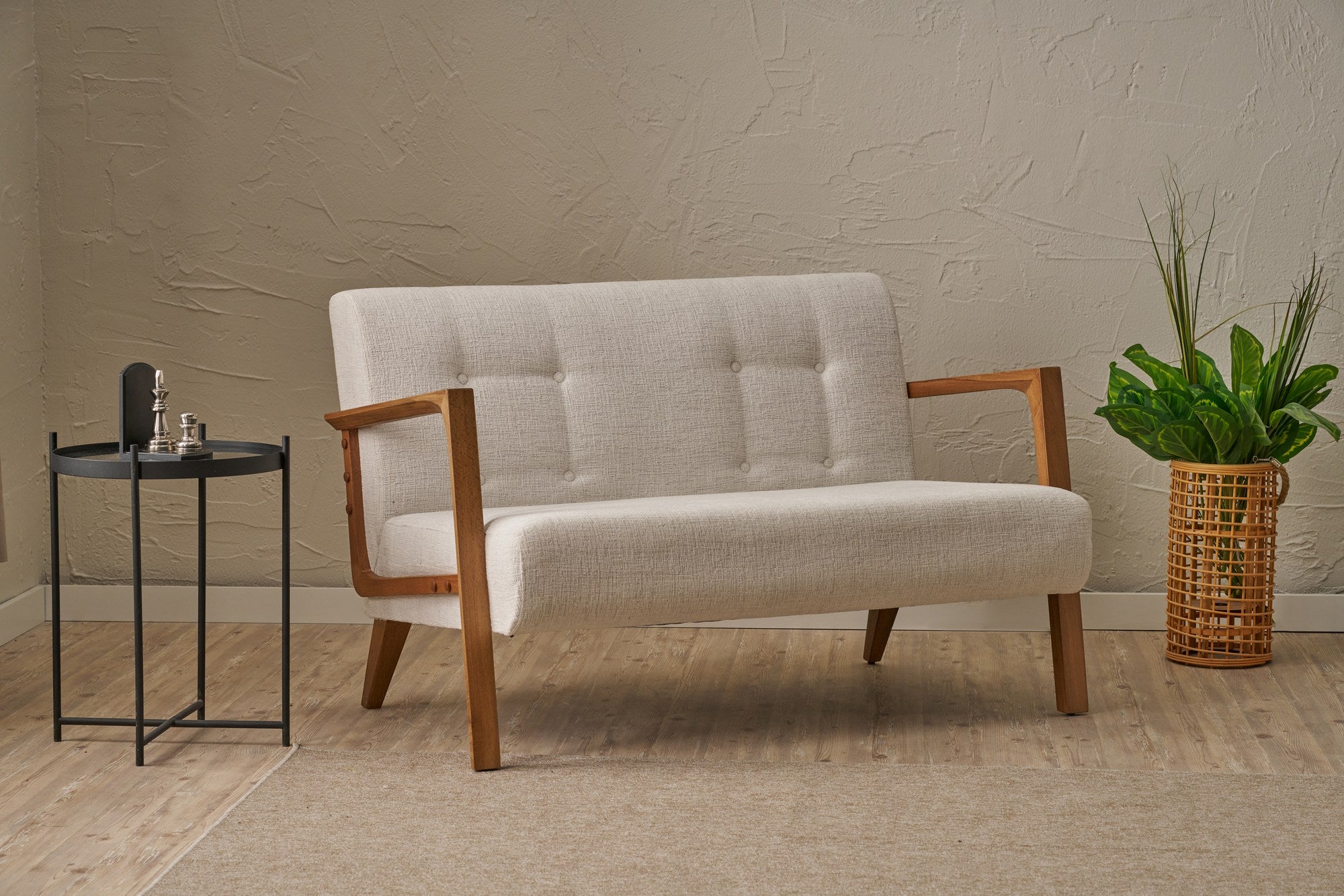 Sofá elegante de 2 lugares, tecido chenille creme, estrutura de madeira de faia, 114 x 85 x 80 cm | Assentos confortáveis de espuma DNS 32 | Perfeito para salas de estar modernas
