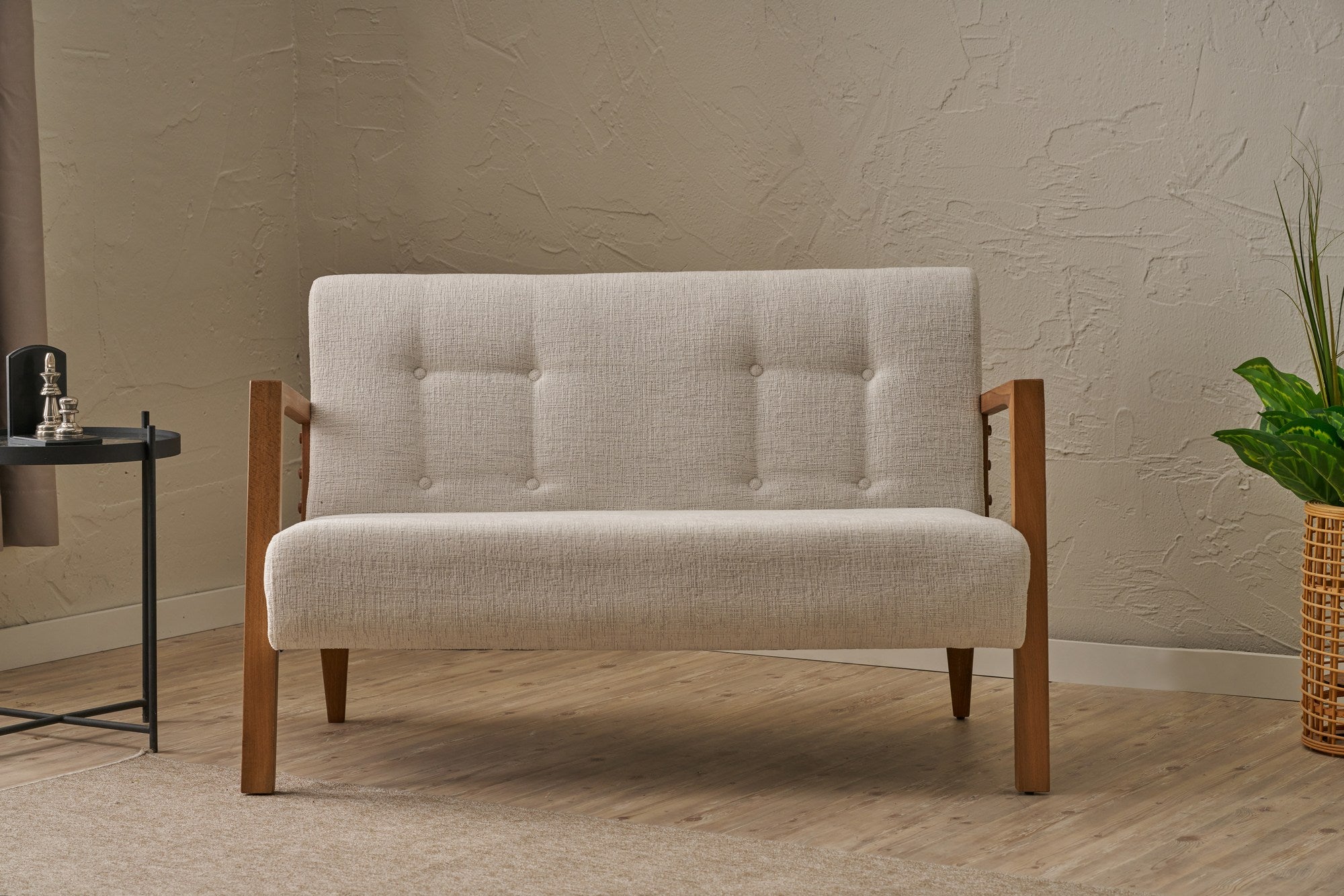 Sofá elegante de 2 lugares, tecido chenille creme, estrutura de madeira de faia, 114 x 85 x 80 cm | Assentos confortáveis de espuma DNS 32 | Perfeito para salas de estar modernas