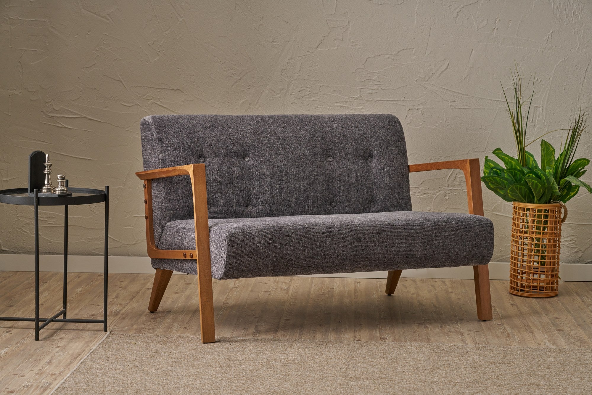 Sofá elegante de 2 lugares, tecido chenille cinza, estrutura de madeira de faia, 114 x 85 x 80 cm | Assentos confortáveis de espuma DNS 32 | Perfeito para salas de estar modernas