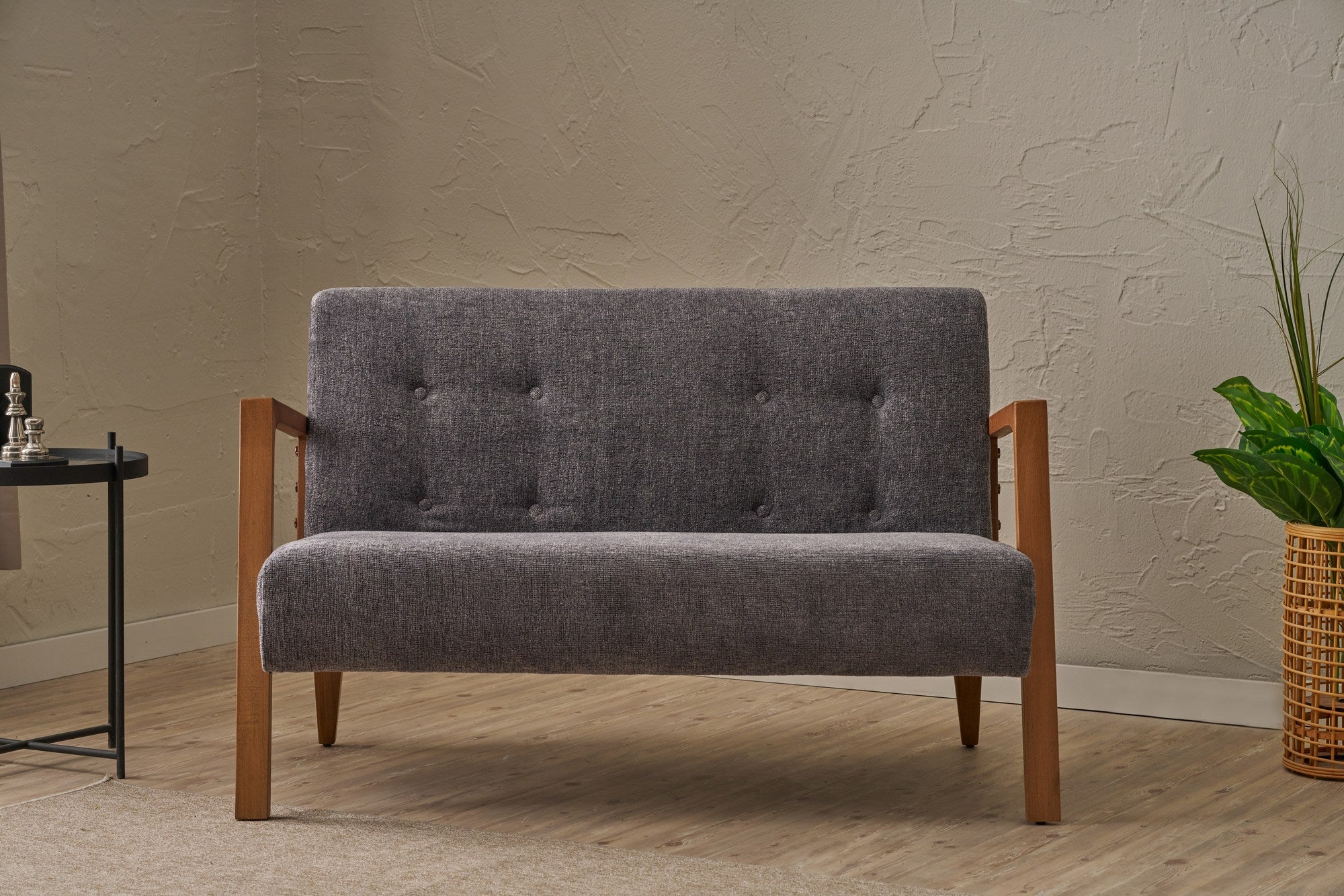 Sofá elegante de 2 lugares, tecido chenille cinza, estrutura de madeira de faia, 114 x 85 x 80 cm | Assentos confortáveis de espuma DNS 32 | Perfeito para salas de estar modernas