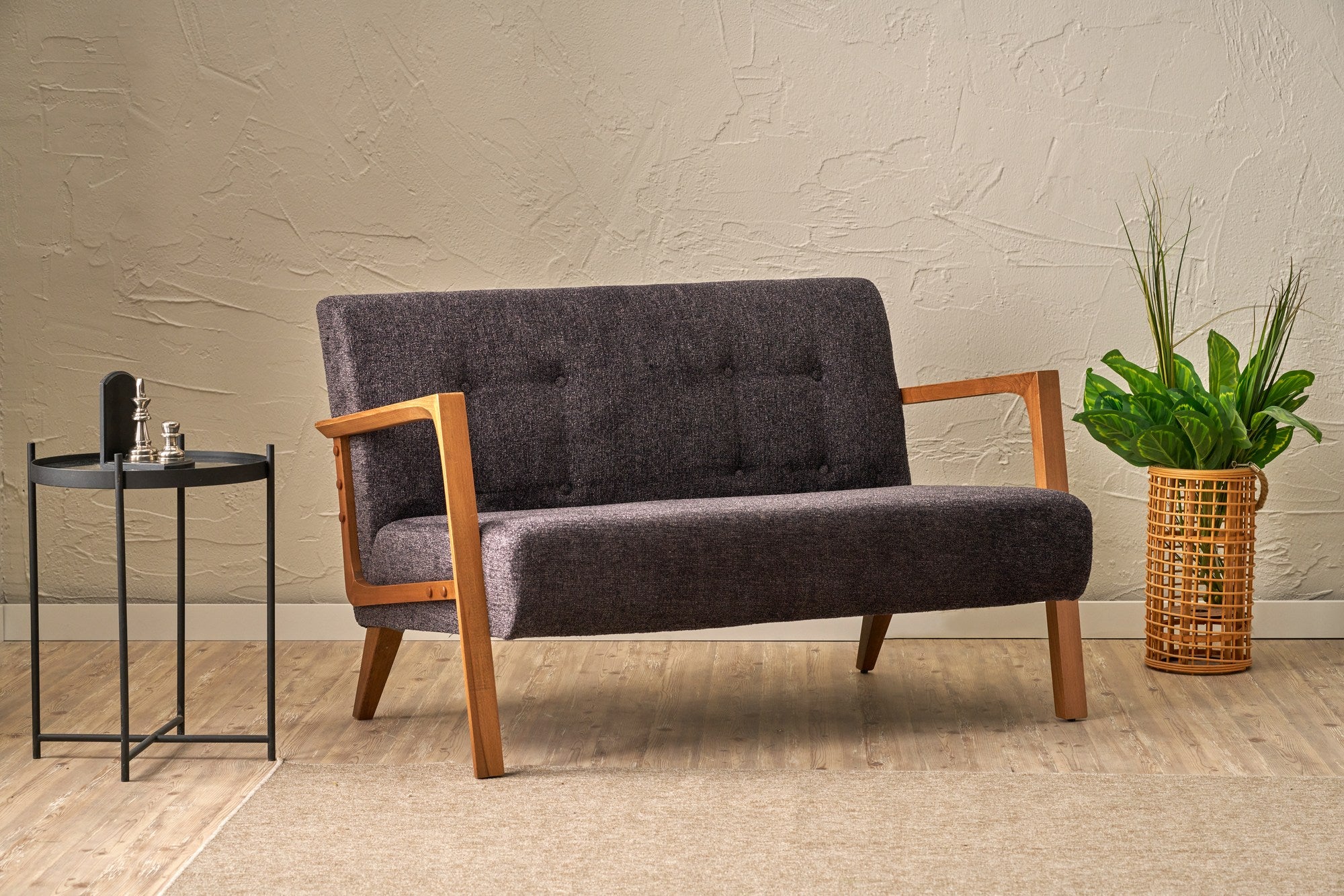 Sofá elegante de 2 lugares, antracite, 114 x 85 x 80 cm | Estrutura e pernas em madeira de faia, tecido chenille 100% poliéster | Design confortável e moderno para salas de estar