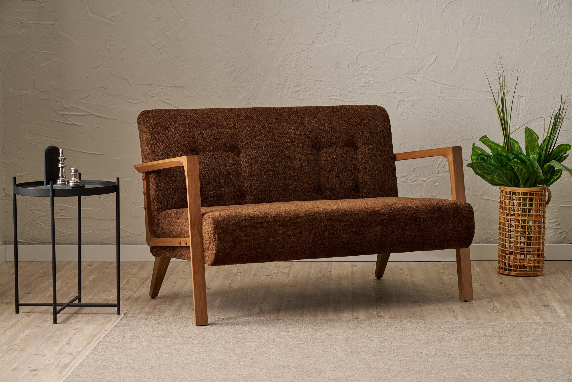 Sofá elegante de 2 lugares, tecido chenille marrom, estrutura de madeira de faia, 114 x 80 x 85 cm | Assentos confortáveis de espuma DNS 32 | Perfeito para salas de estar modernas