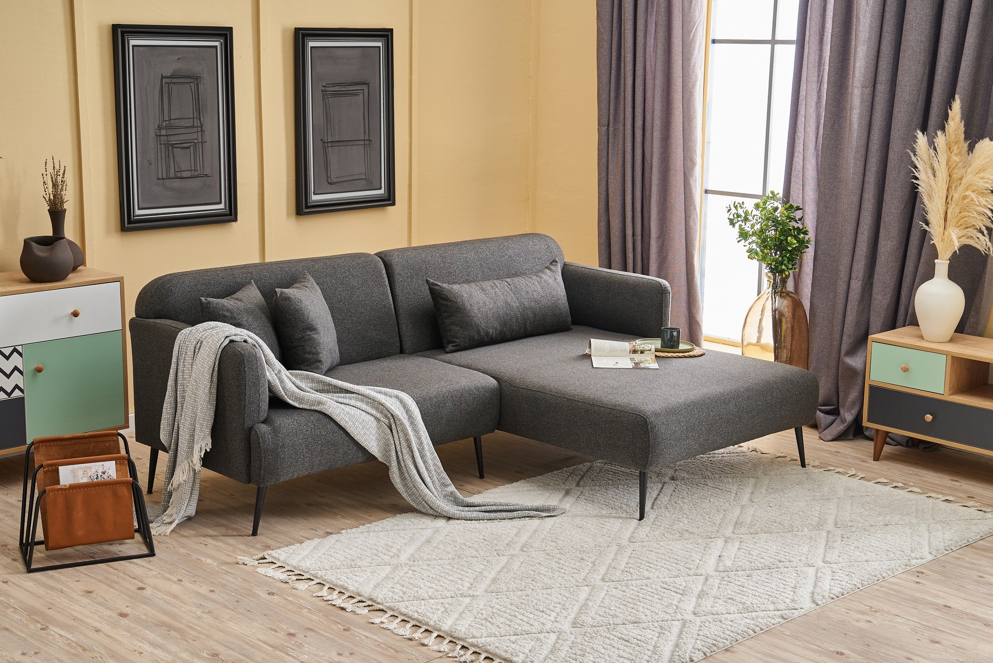 Sofá de canto elegante, antracite, 250 cm | Estrutura em madeira de faia, 100% linho, espuma 30 DNS | Perfeito para salas de estar modernas, design confortável e elegante