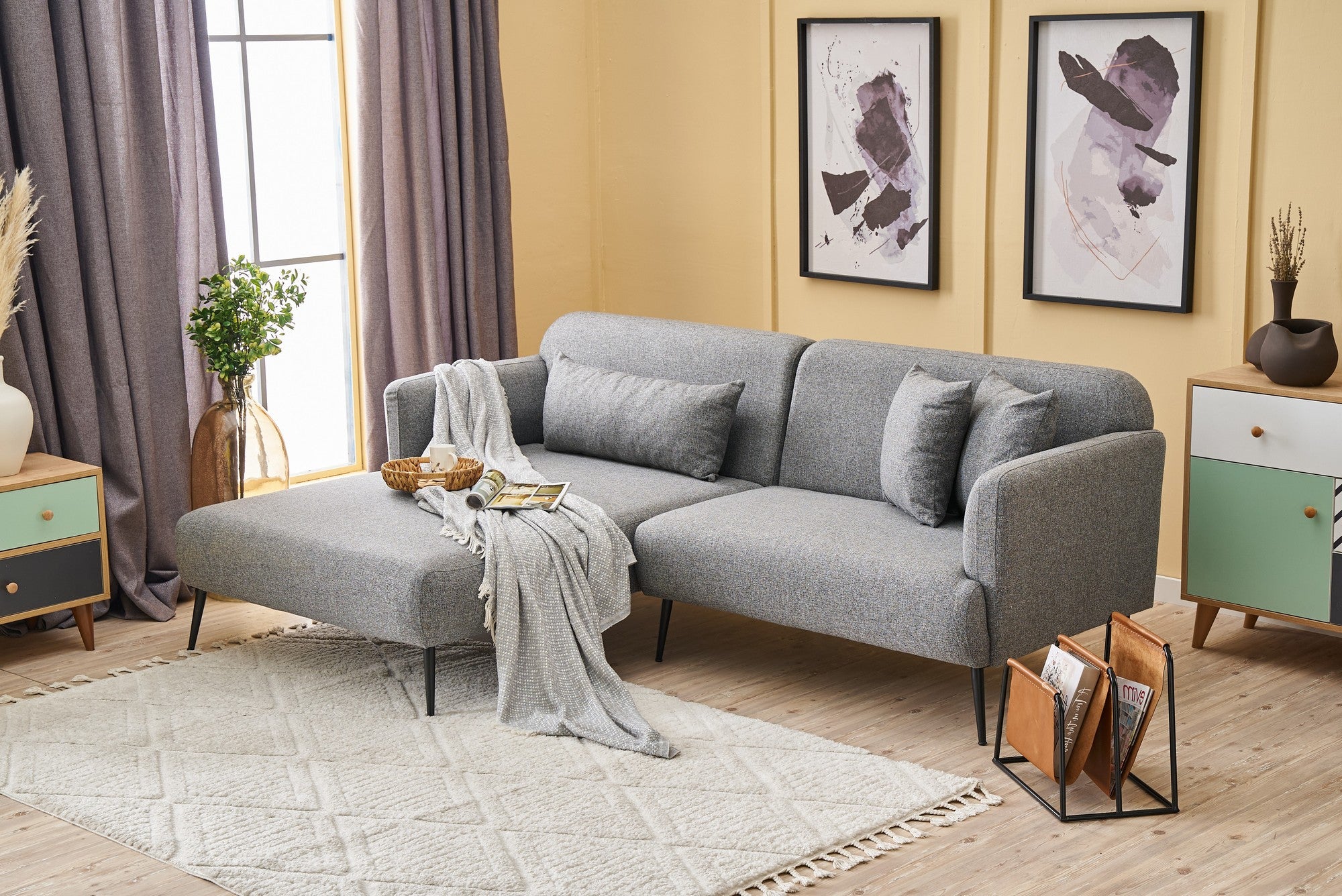Sofá de canto cinza elegante, estrutura de madeira de faia, 100% linho, 250 cm x 100 cm | Assentos de espuma 30 DNS, pernas de metal preto | Perfeito para salas de estar modernas