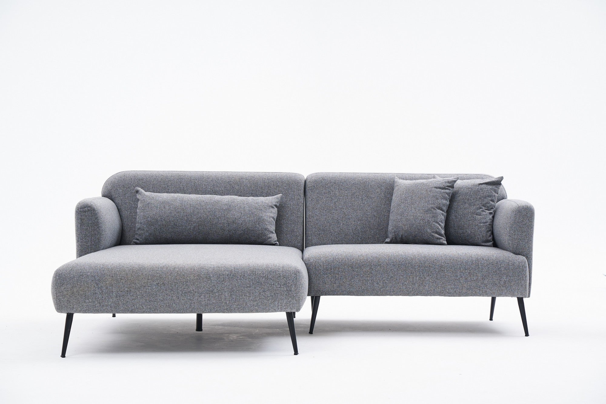 Sofá de canto cinza elegante, estrutura de madeira de faia, 100% linho, 250 cm x 100 cm | Assentos de espuma 30 DNS, pernas de metal preto | Perfeito para salas de estar modernas