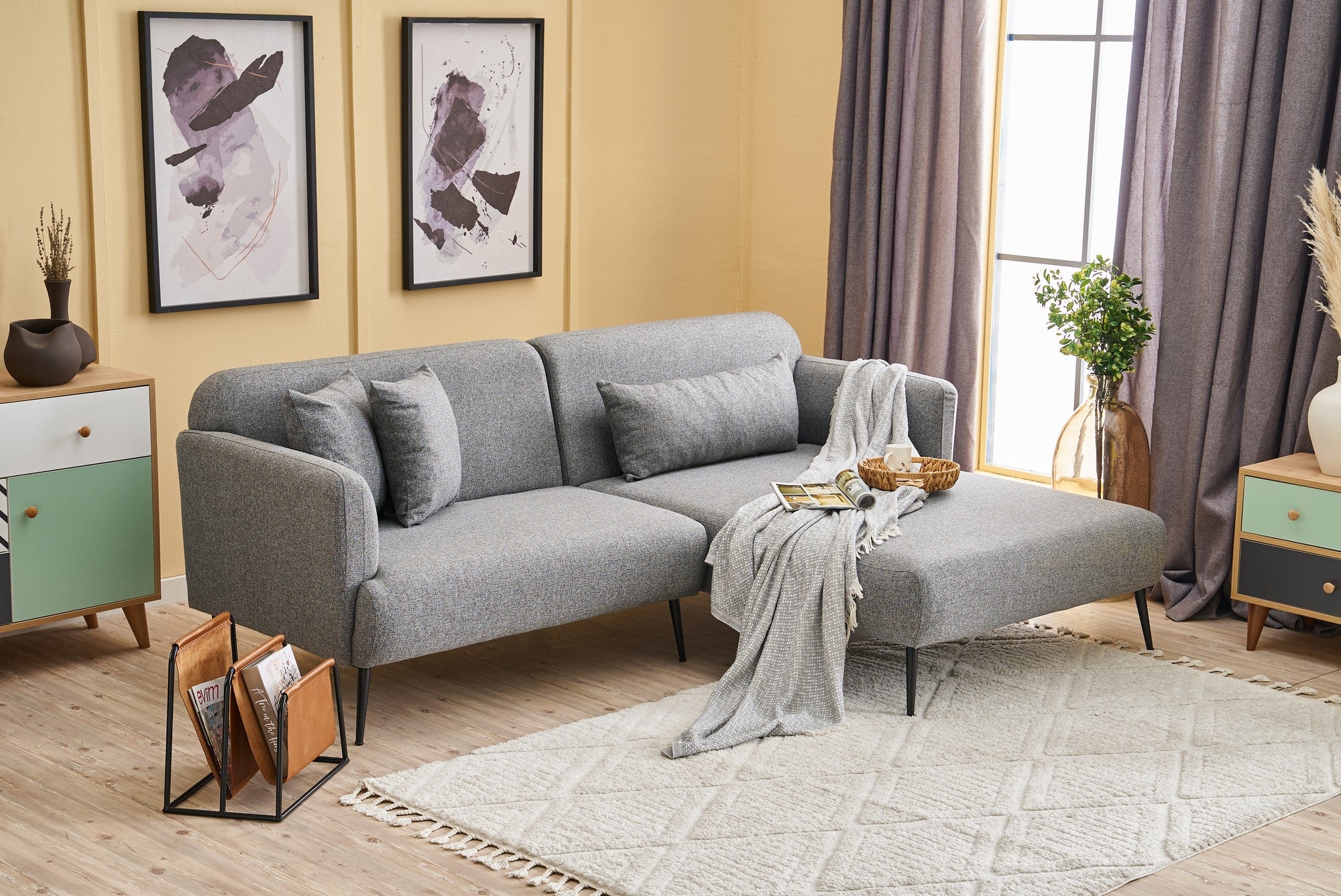 Sofá de canto cinza elegante, estrutura de madeira de faia, 100% linho, 250 cm x 100 cm | Assentos de espuma 30 DNS, pernas de metal preto | Perfeito para salas de estar modernas