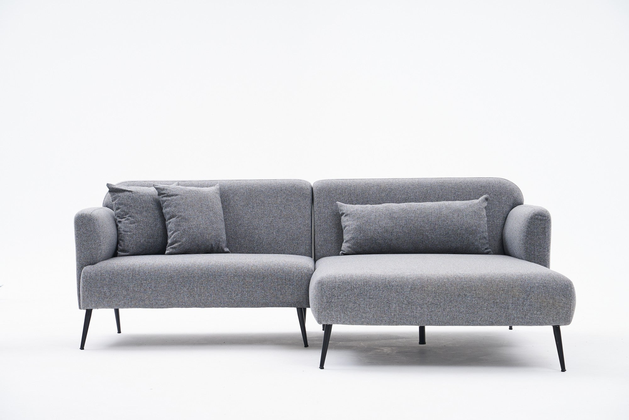 Sofá de canto cinza elegante, estrutura de madeira de faia, 100% linho, 250 cm x 100 cm | Assentos de espuma 30 DNS, pernas de metal preto | Perfeito para salas de estar modernas