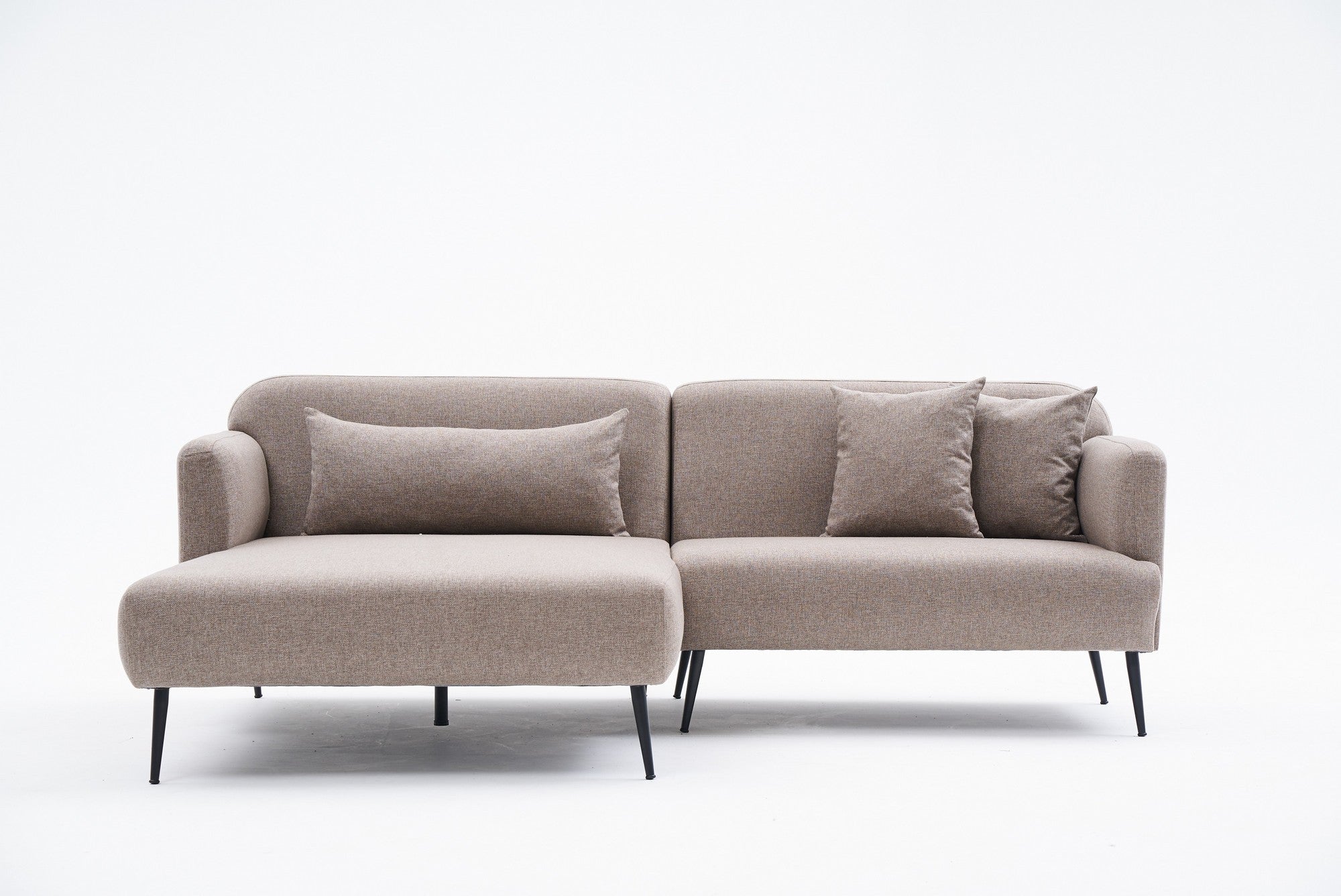 Sofá de canto elegante, marrom, 250 cm | Estrutura de madeira de faia, 100% linho, espuma 30 DNS, pernas de metal preto | Perfeito para salas de estar modernas e relaxamento