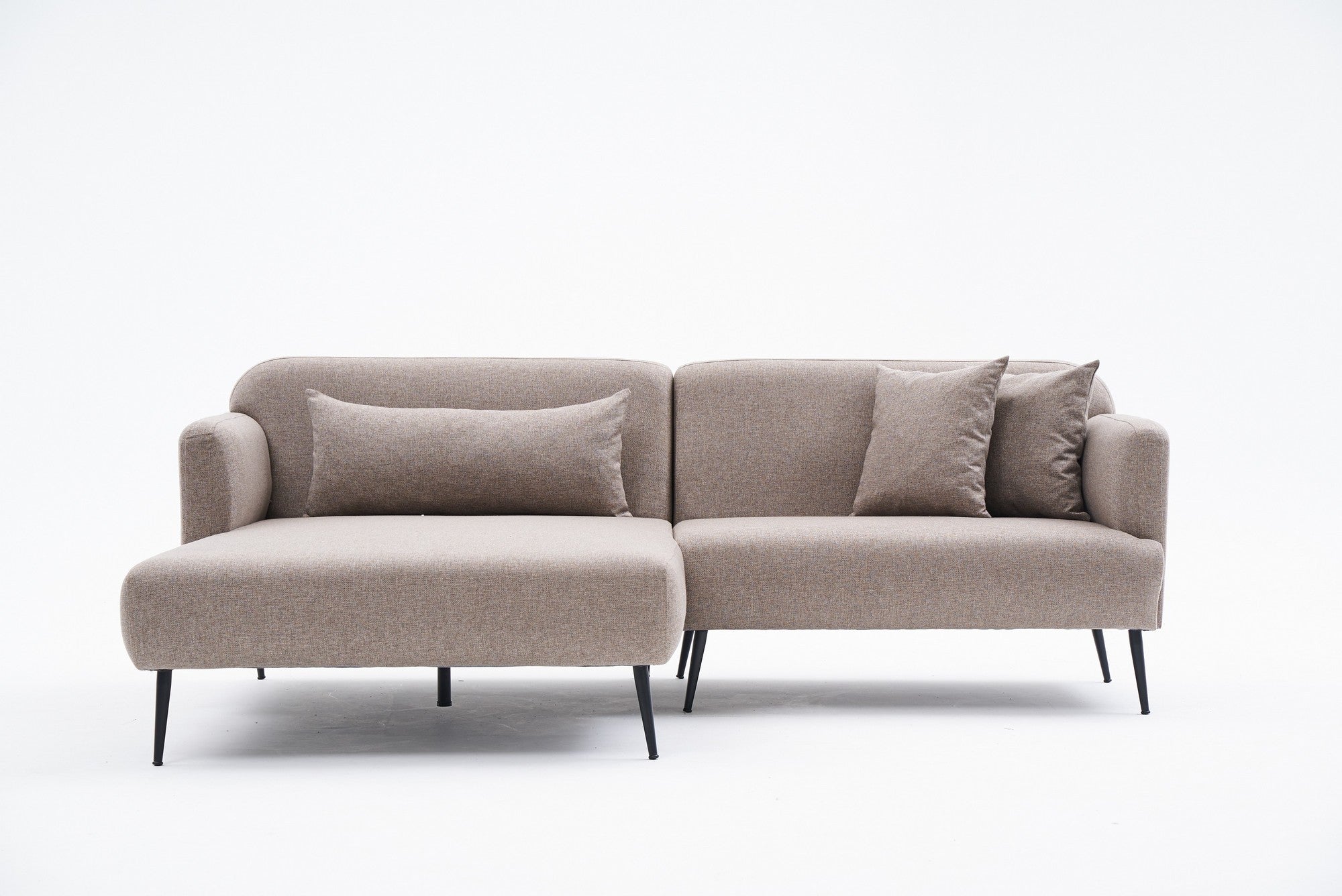 Sofá de canto elegante, marrom, 250 cm | Estrutura de madeira de faia, 100% linho, espuma 30 DNS, pernas de metal preto | Perfeito para salas de estar modernas e relaxamento