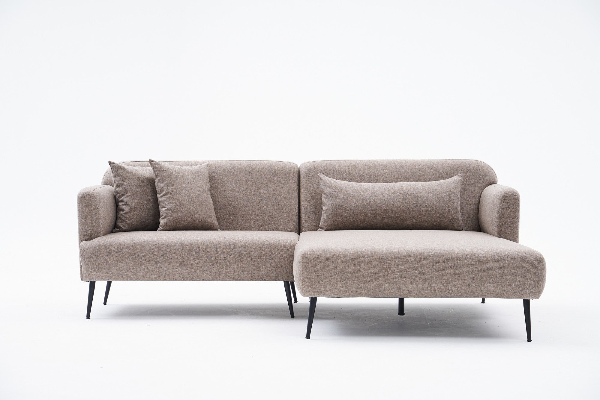 Sofá de canto elegante, marrom, 250 cm | Estrutura de madeira de faia, 100% linho, espuma 30 DNS, pernas de metal preto | Perfeito para salas de estar modernas e relaxamento