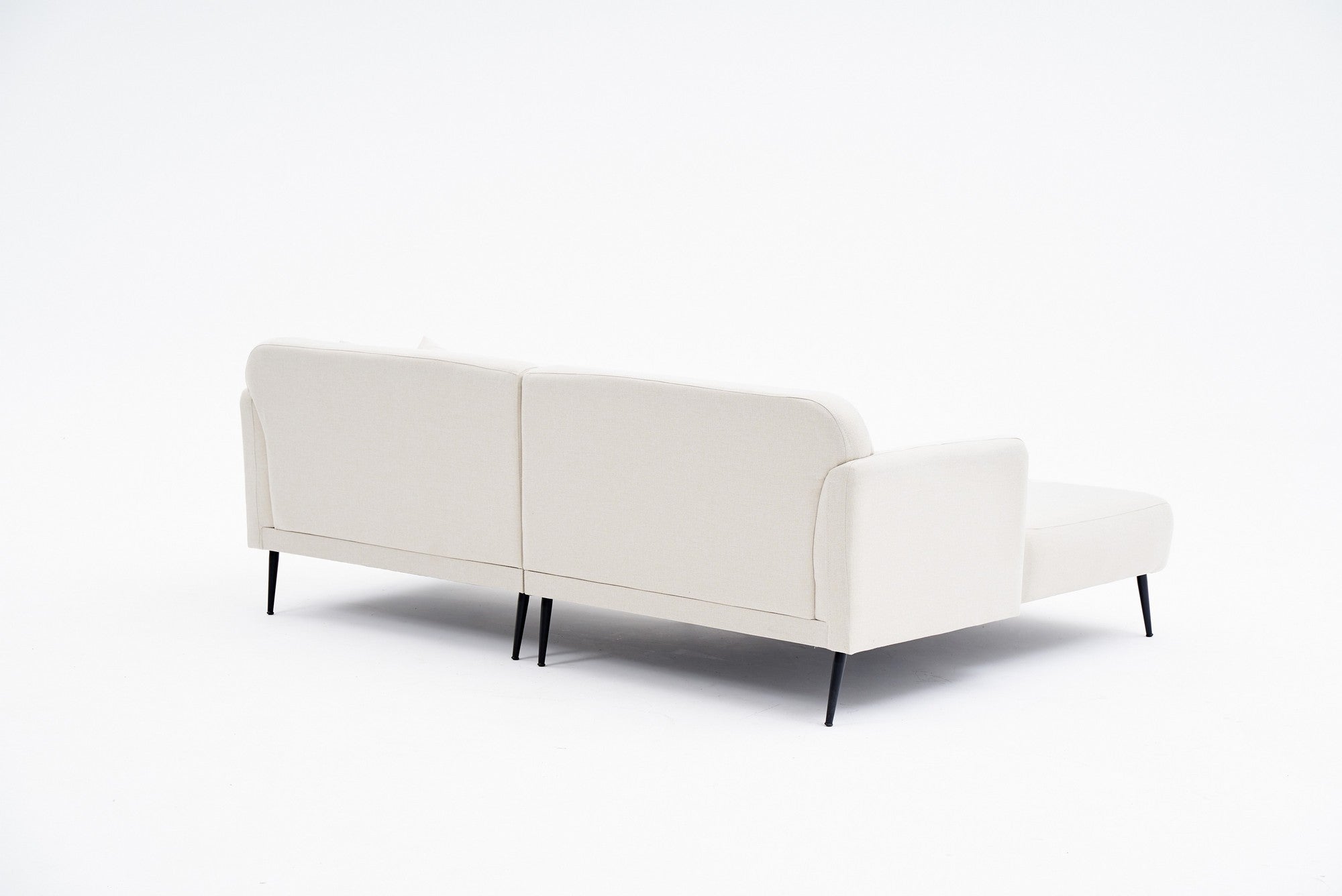 Sofá de canto elegante em tom creme, estrutura de madeira de faia, 250 cm | 100% linho, espuma 30 DNS, pernas de metal preto | Perfeito para salas de estar modernas e relaxamento