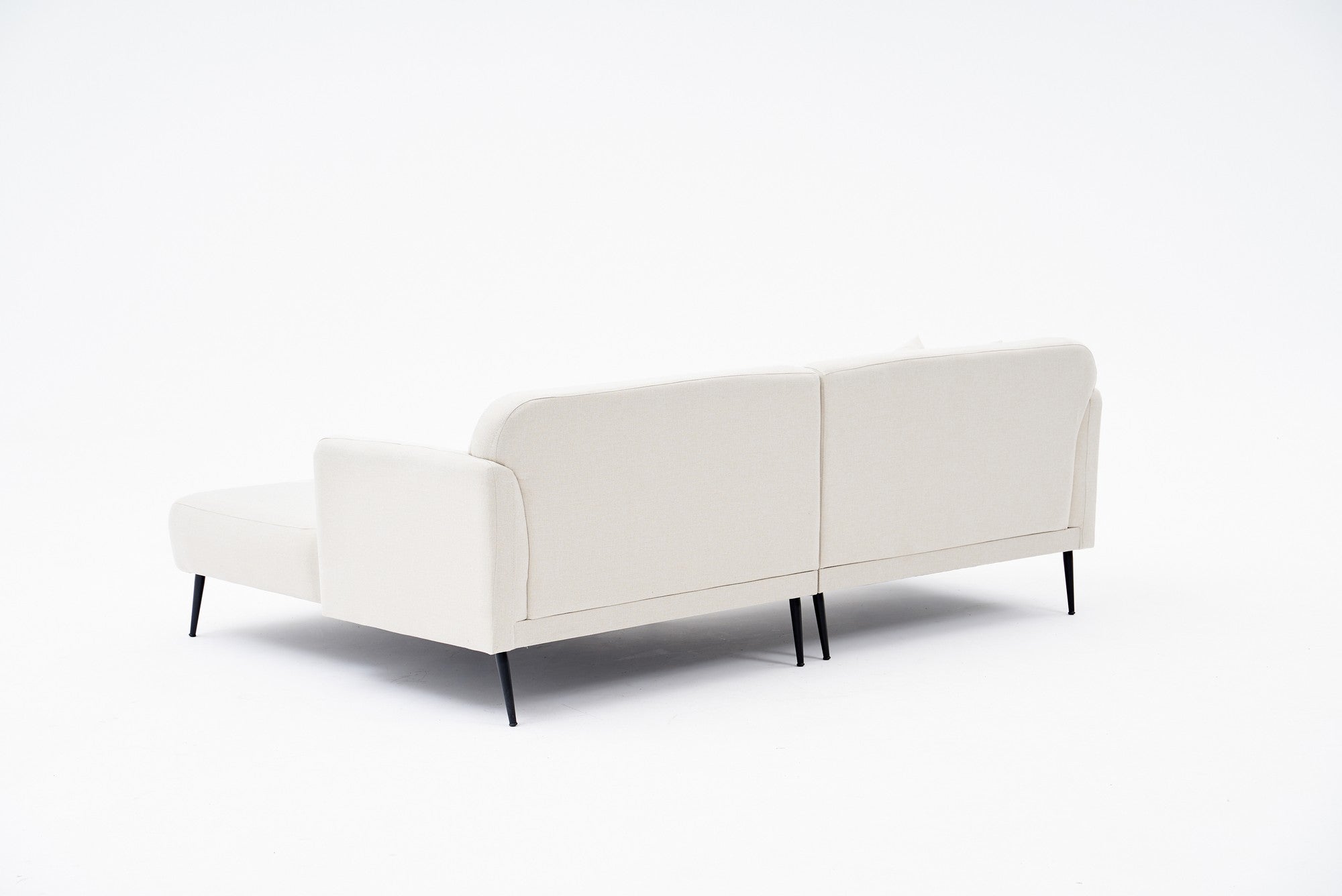 Sofá de canto elegante em tom creme, estrutura de madeira de faia, 250 cm | 100% linho, espuma 30 DNS, pernas de metal preto | Perfeito para salas de estar modernas e relaxamento