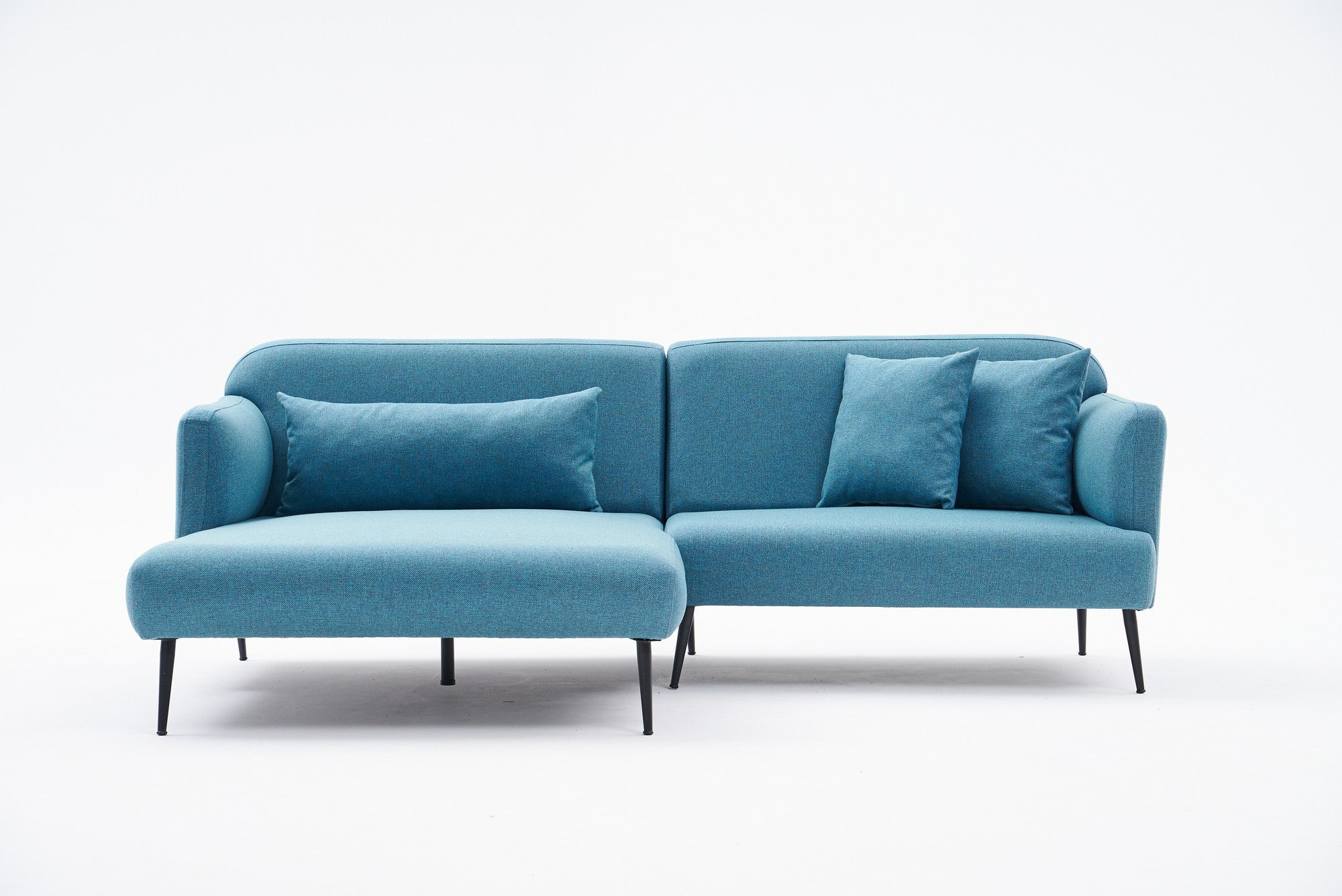 Sofá de canto elegante em turquesa, estrutura de madeira de faia, 100% linho, 250 cm x 100 cm | Assentos de espuma 30 DNS, pernas de metal preto | Perfeito para salas de estar modernas