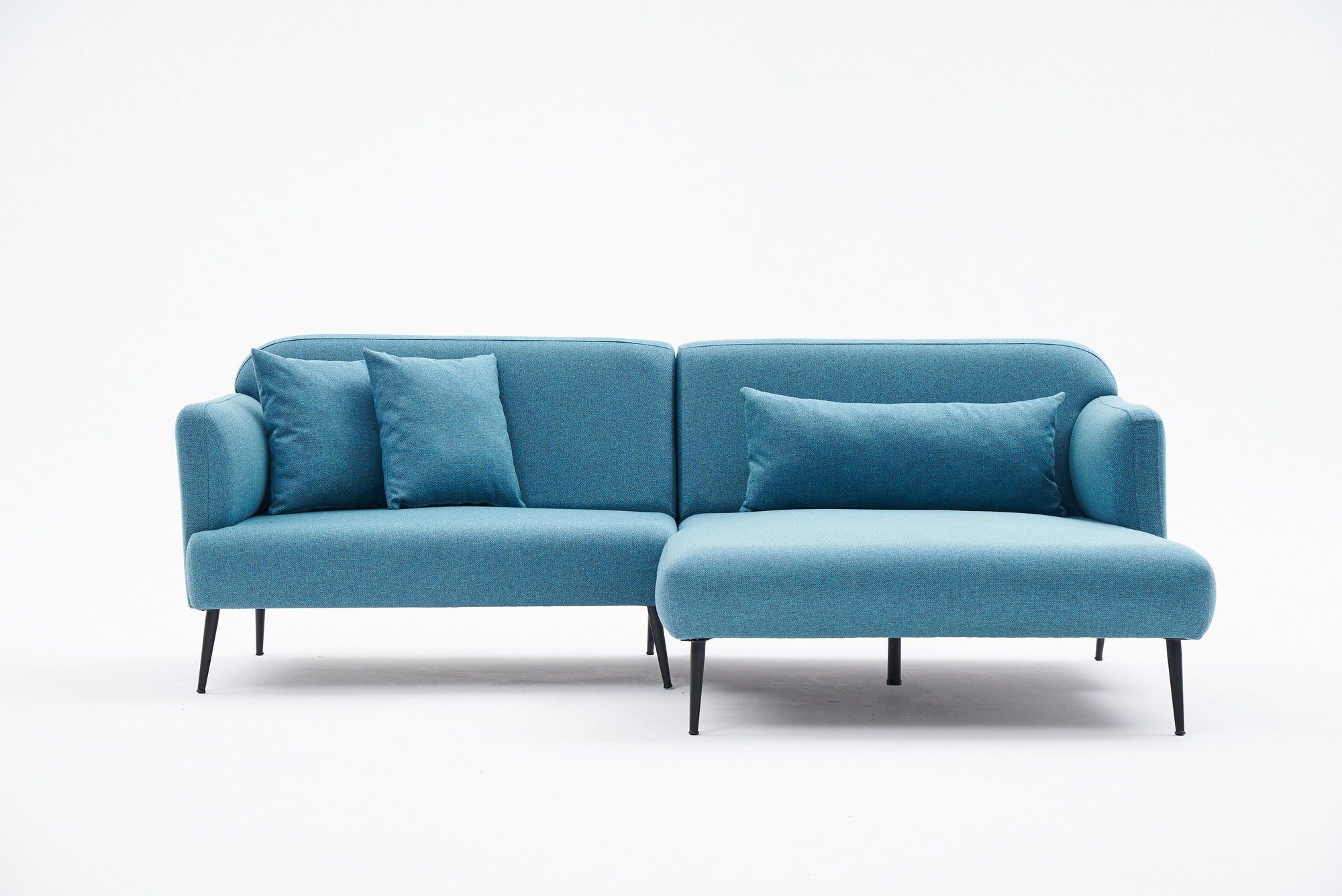 Sofá de canto elegante em turquesa, estrutura de madeira de faia, 100% linho, 250 cm x 100 cm | Assentos de espuma 30 DNS, pernas de metal preto | Perfeito para salas de estar modernas