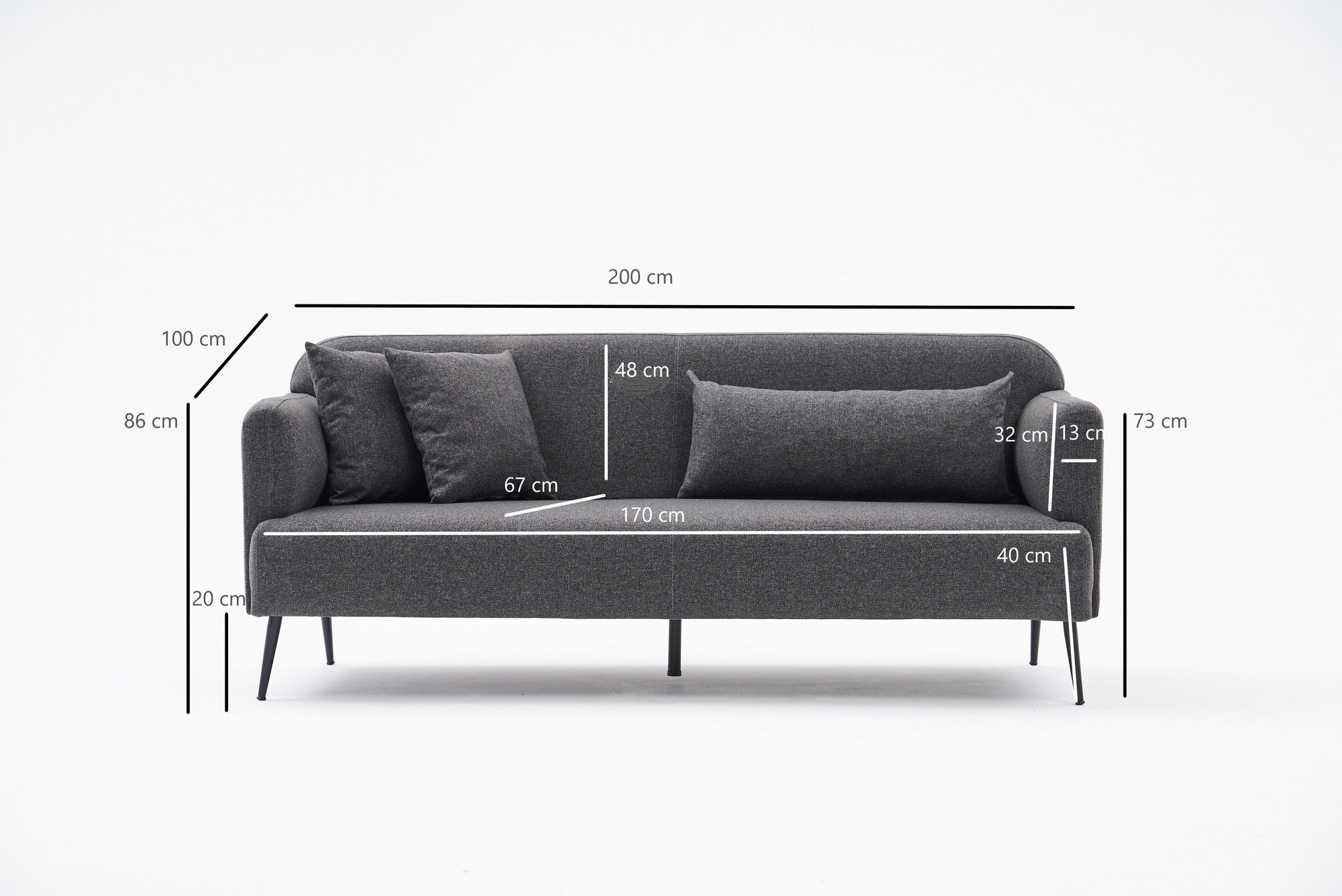 Sofá elegante de 3 lugares, antracite, 200 cm | Estrutura em madeira de faia, 100% linho, espuma 30 DNS | Design moderno com pernas de metal preto, perfeito para salas de estar