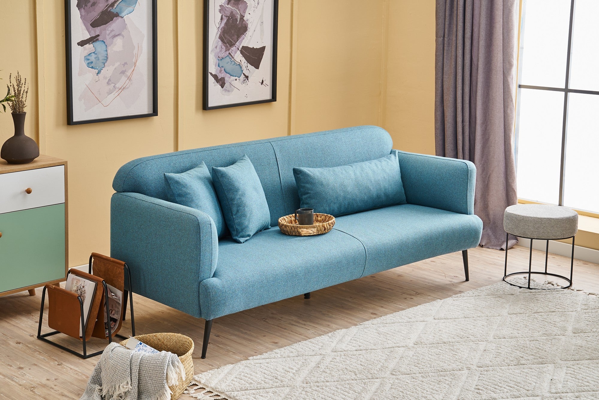 Sofá elegante de 3 lugares, turquesa, 200 cm | Estrutura em madeira de faia, 100% linho, espuma 30 DNS | Design moderno com pernas de metal preto, perfeito para salas de estar