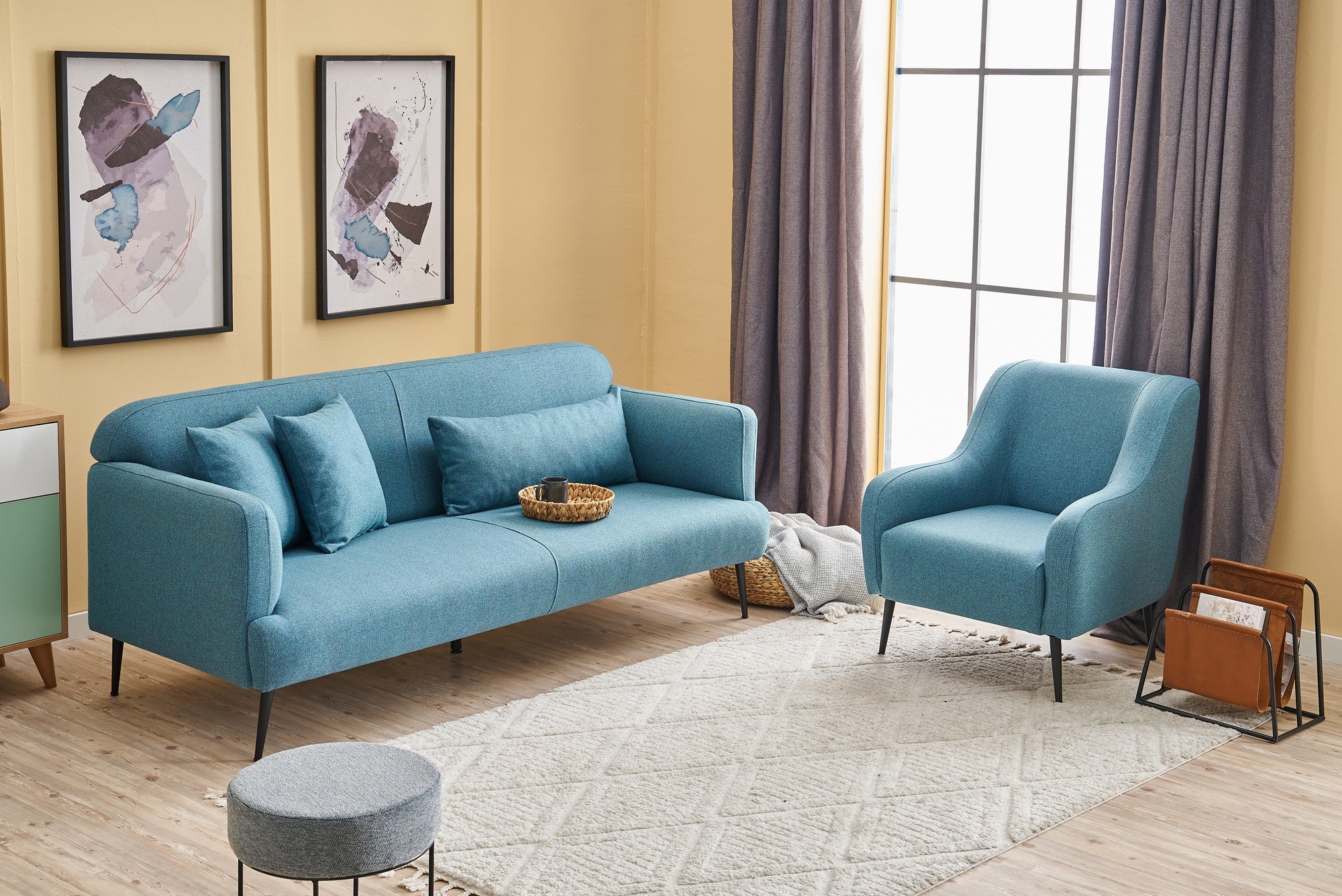 Sofá elegante de 3 lugares, turquesa, 200 cm | Estrutura em madeira de faia, 100% linho, espuma 30 DNS | Design moderno com pernas de metal preto, perfeito para salas de estar
