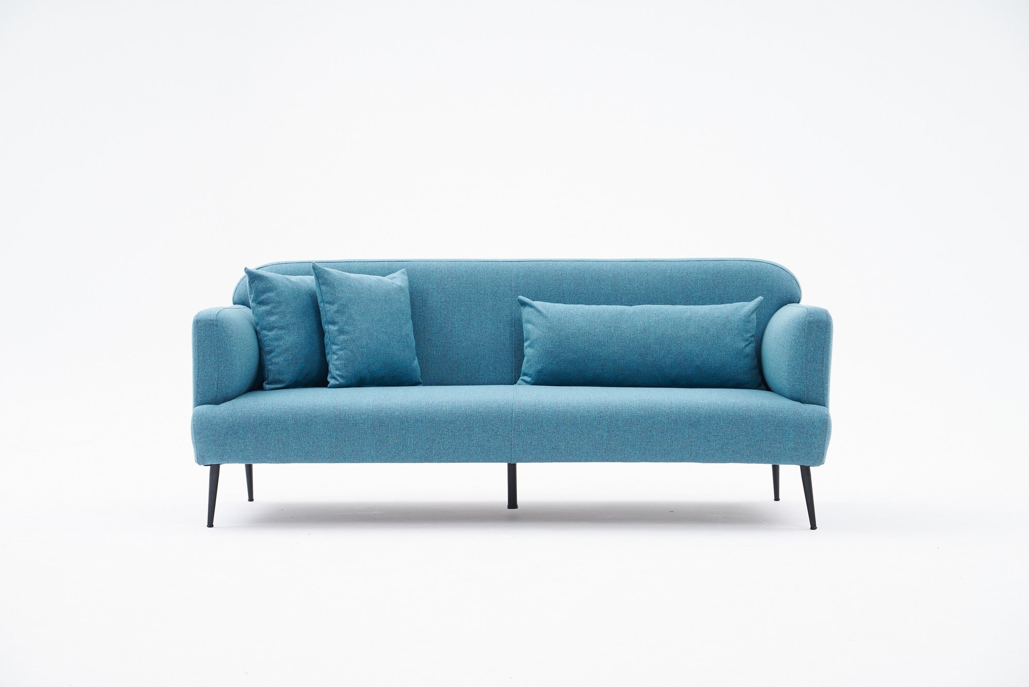 Sofá elegante de 3 lugares, turquesa, 200 cm | Estrutura em madeira de faia, 100% linho, espuma 30 DNS | Design moderno com pernas de metal preto, perfeito para salas de estar