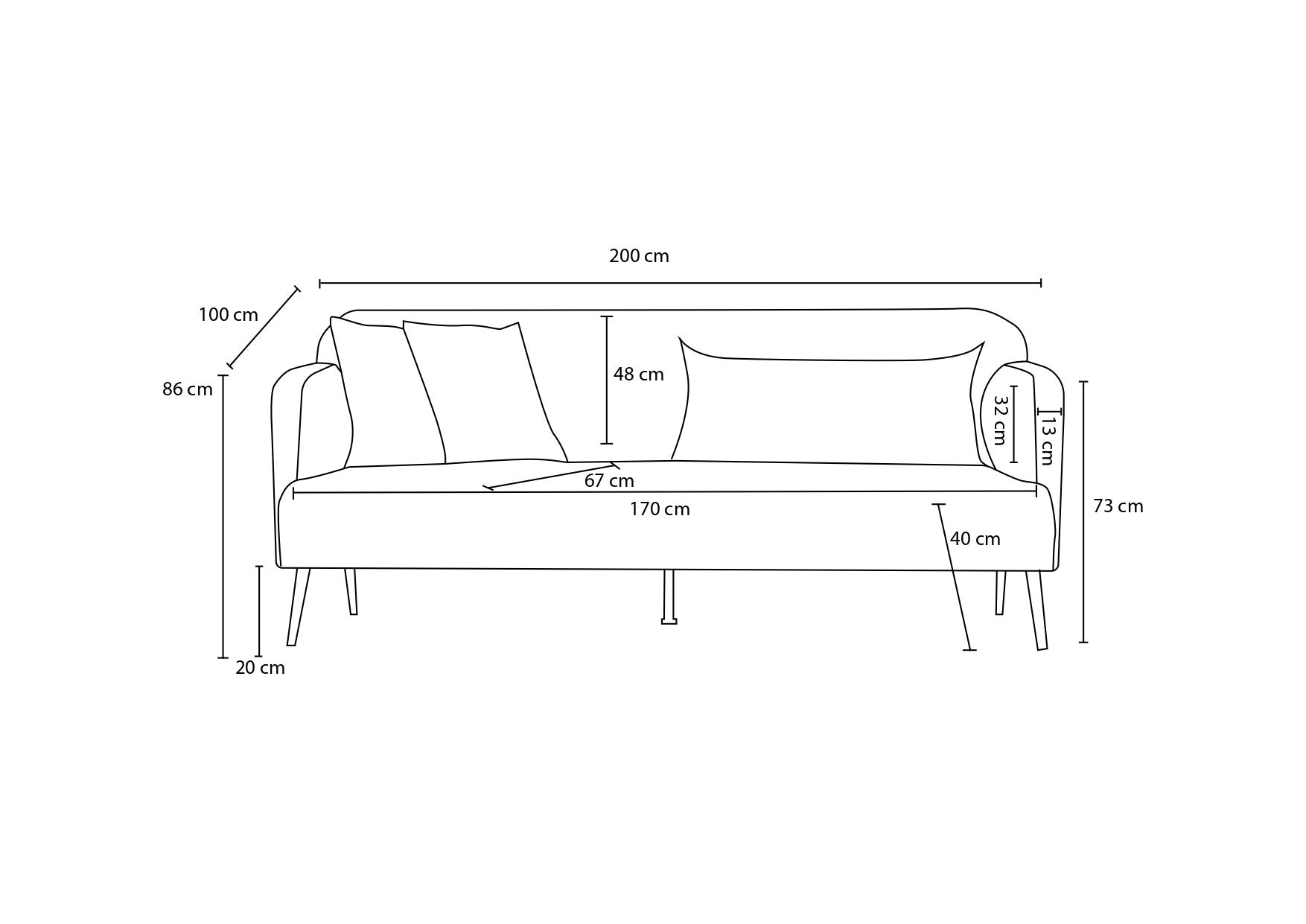 Sofá elegante de 3 lugares, turquesa, 200 cm | Estrutura em madeira de faia, 100% linho, espuma 30 DNS | Design moderno com pernas de metal preto, perfeito para salas de estar