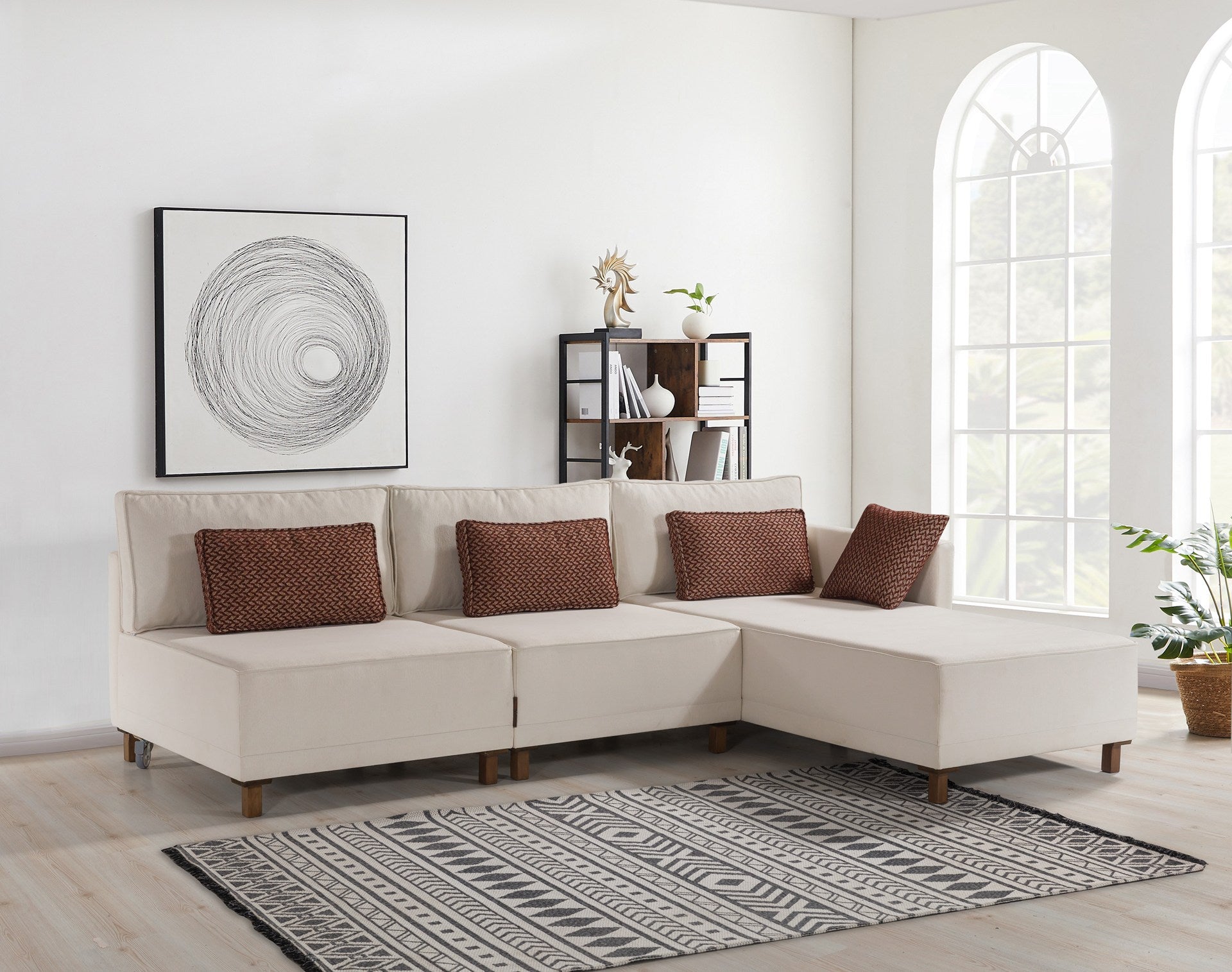 Sofá-cama de canto elegante, tecido chenille bege, 285 cm | Estrutura e pernas de madeira de faia, espuma 30 DNS | Perfeito para salas de estar modernas e espaços para hóspedes