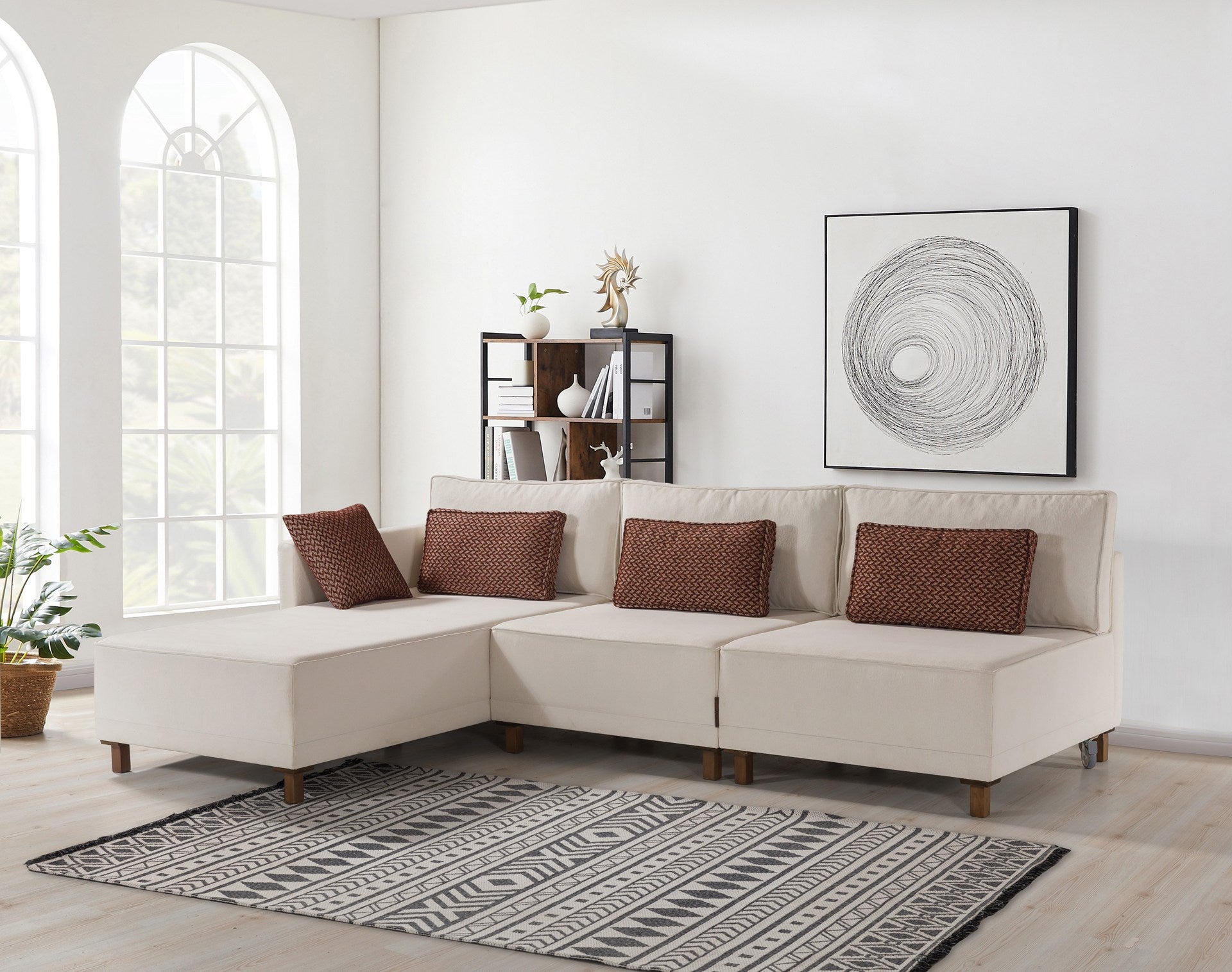 Sofá-cama de canto elegante, tecido chenille bege, 285 cm | Estrutura e pernas de madeira de faia, espuma 30 DNS | Perfeito para salas de estar modernas e espaços para hóspedes