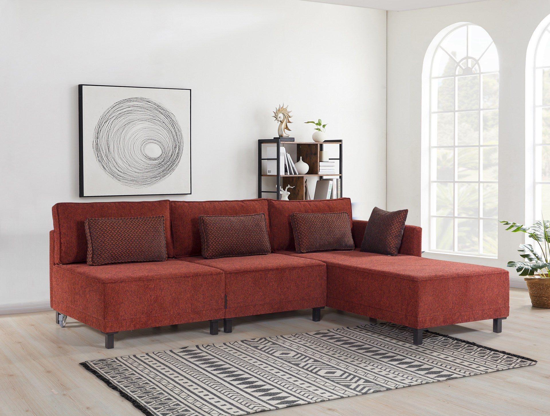 Sofá-cama de canto vermelho Claret, estrutura de madeira de faia, 285 cm | Tecido chenille 100% poliéster, espuma 30 DNS, elegante e funcional para espaços modernos