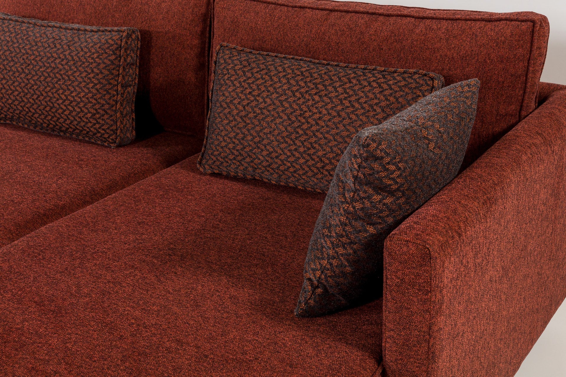 Sofá-cama de canto vermelho Claret, estrutura de madeira de faia, 285 cm | Tecido chenille 100% poliéster, espuma 30 DNS, elegante e funcional para espaços modernos