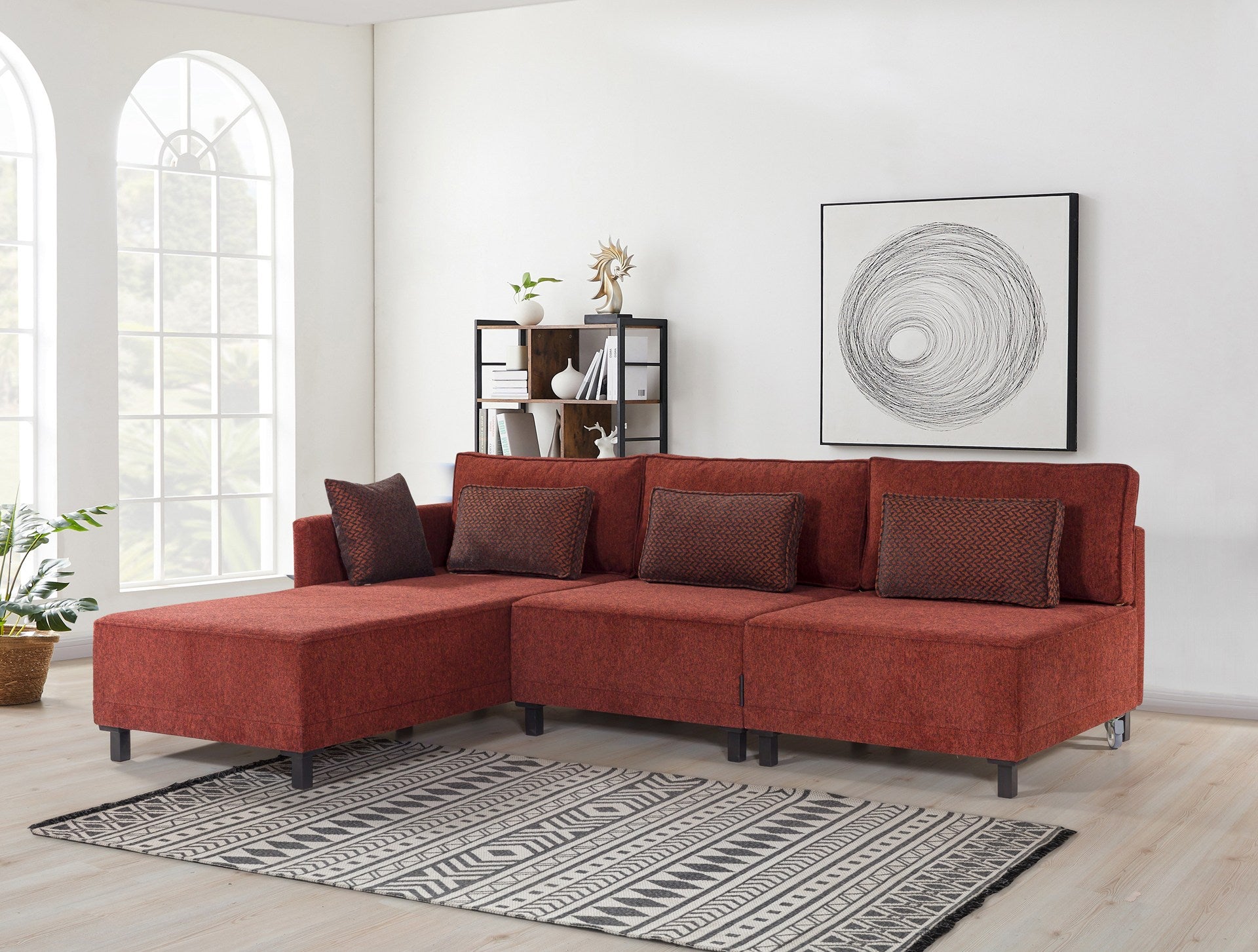 Sofá-cama de canto vermelho Claret, estrutura de madeira de faia, 285 cm | Tecido chenille 100% poliéster, espuma 30 DNS, elegante e funcional para espaços modernos