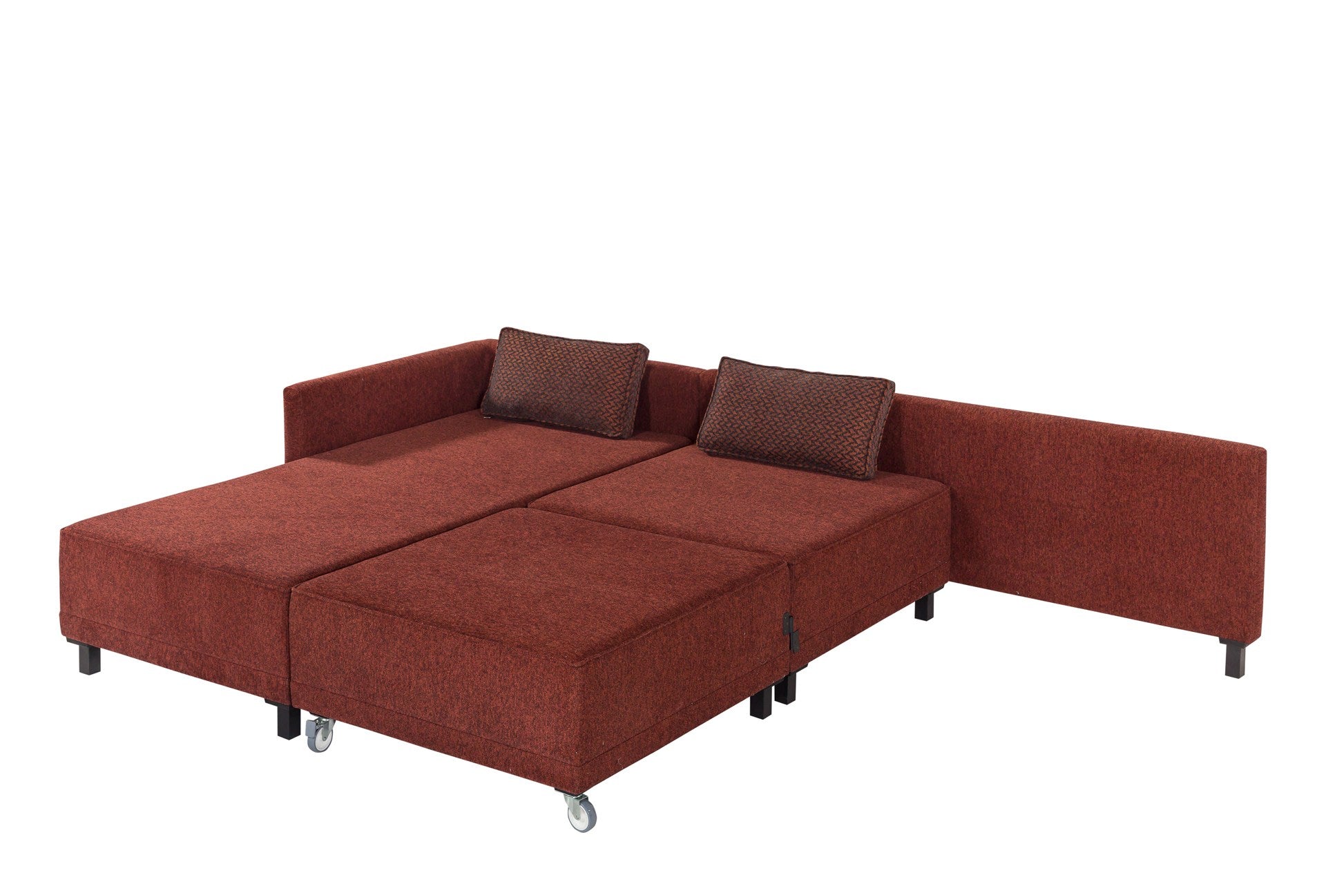 Sofá-cama de canto vermelho Claret, estrutura de madeira de faia, 285 cm | Tecido chenille 100% poliéster, espuma 30 DNS, elegante e funcional para espaços modernos