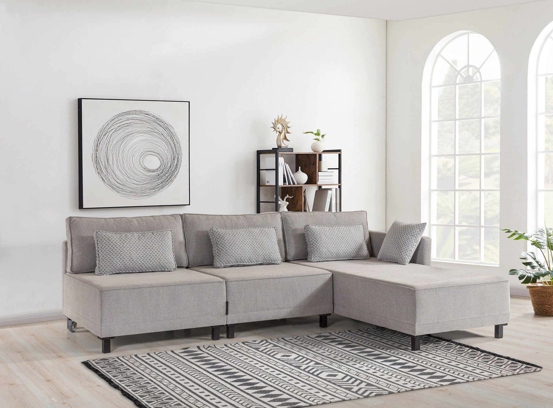Sofá-cama de canto cinza elegante, estrutura de madeira de faia, 285 cm | Tecido chenille 100% poliéster | Espuma DNS 30 confortável, perfeito para espaços modernos