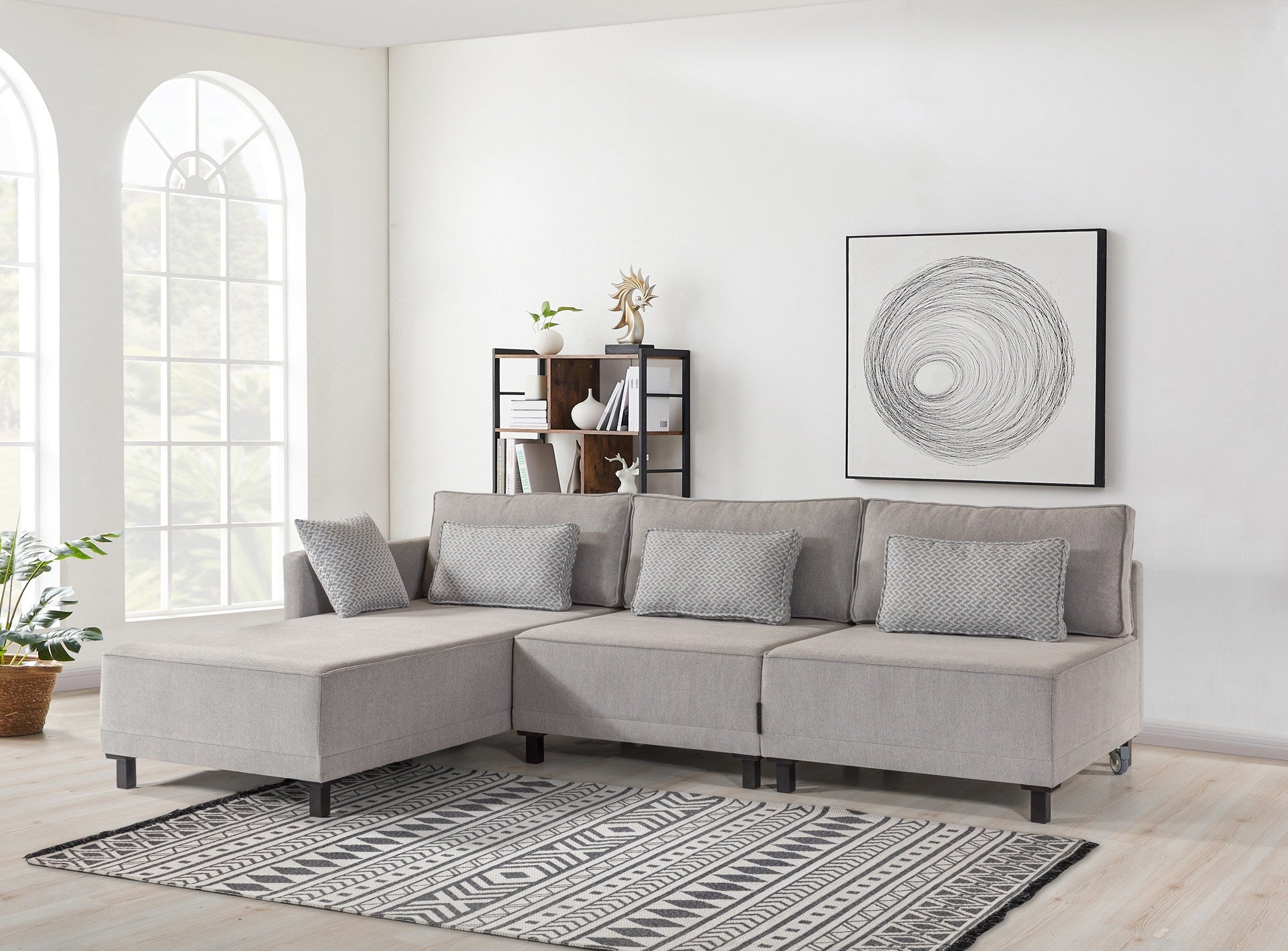 Sofá-cama de canto cinza elegante, estrutura de madeira de faia, 285 cm | Tecido chenille 100% poliéster | Espuma DNS 30 confortável, perfeito para espaços modernos