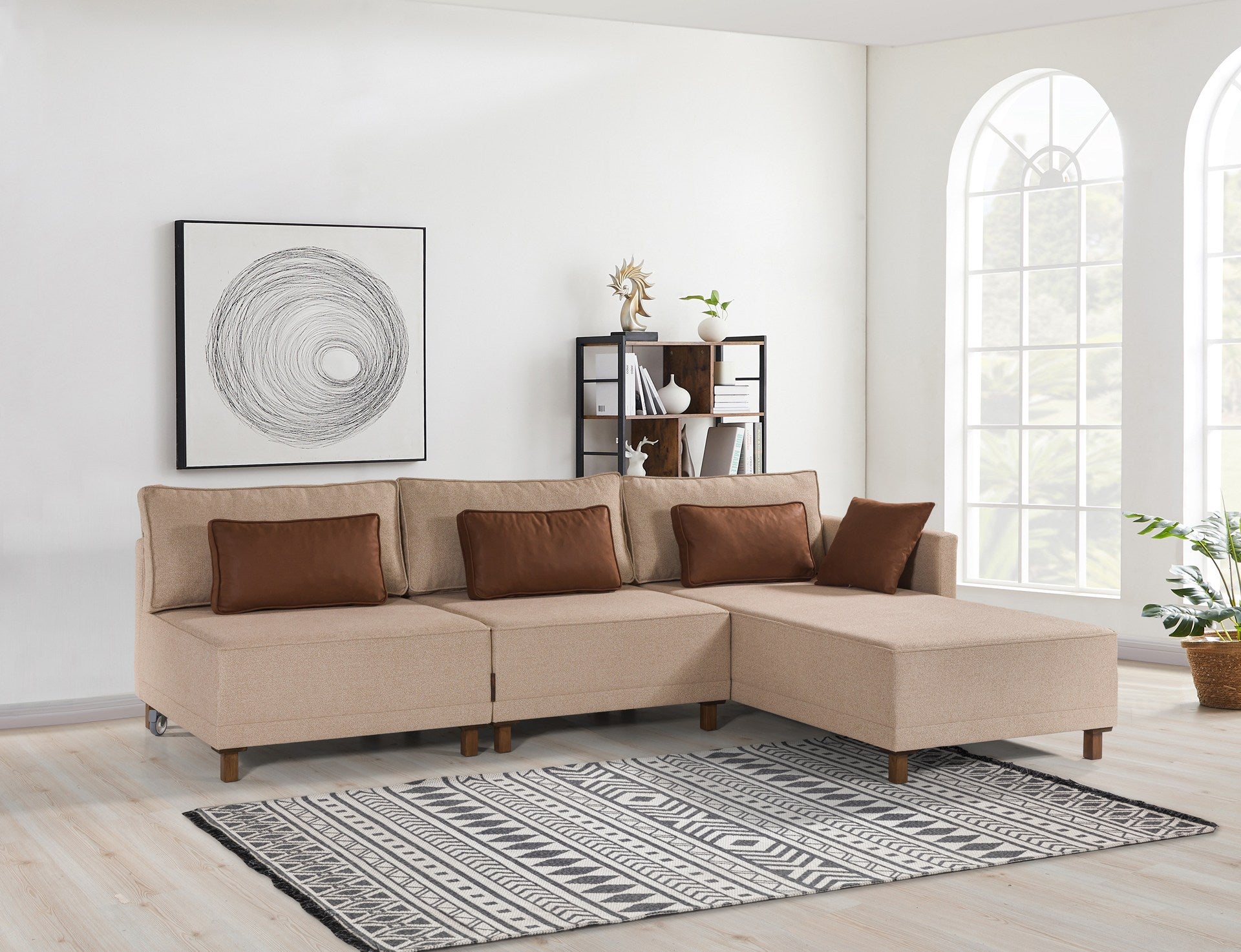 Sofá-cama de canto elegante, tecido chenille marrom, 285 cm | Estrutura e pernas de madeira de faia, espuma 30 DNS | Converte-se em cama de 184 x 184 cm, perfeito para espaços modernos