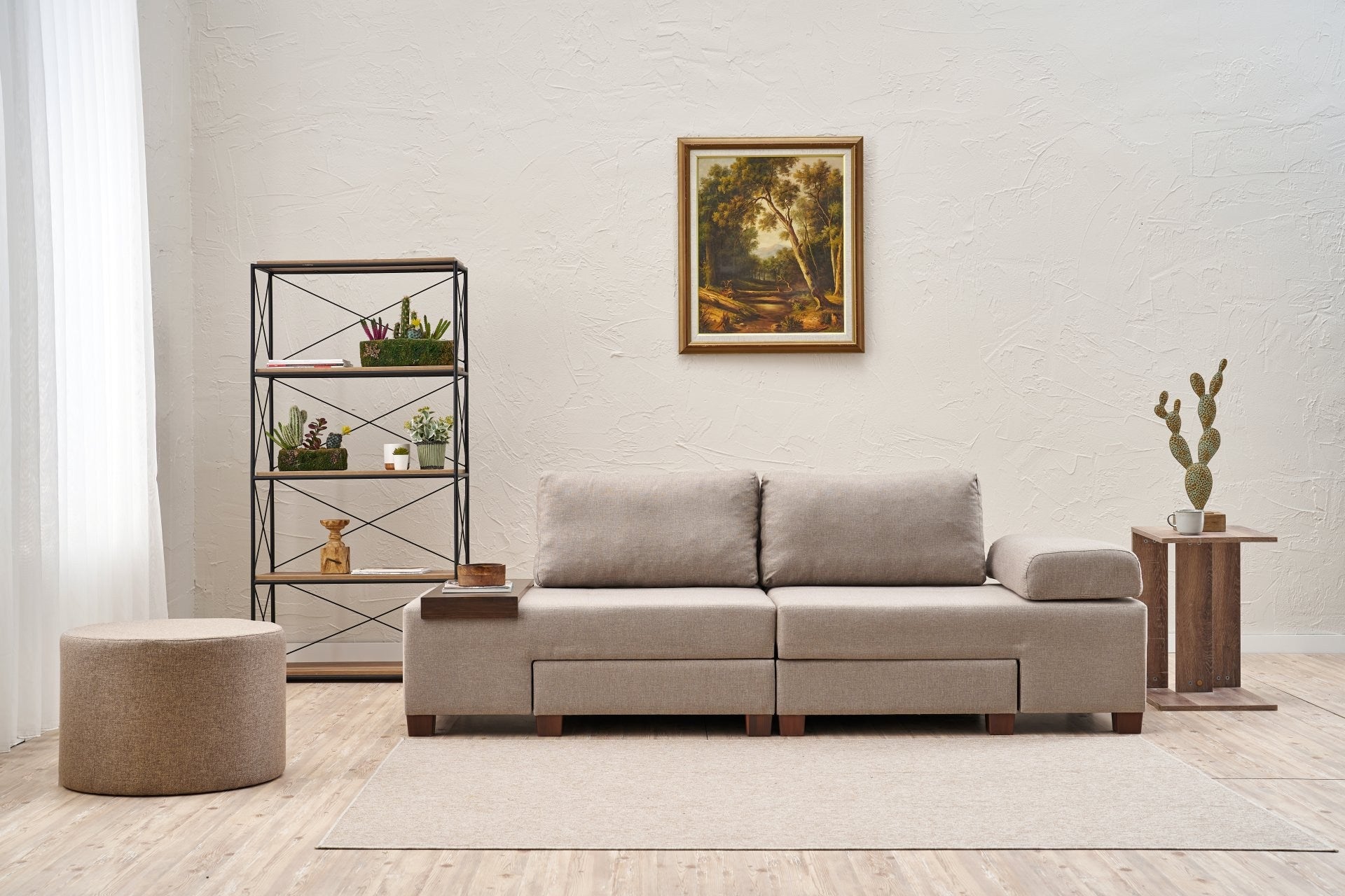 Sofá-cama elegante de 3 lugares, linho creme, 233 x 83 x 93 cm | Estrutura de madeira, tecido fácil de limpar, assentos confortáveis de espuma | Perfeito para espaços modernos