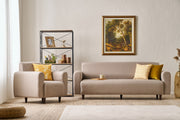 Conjunto de sofá elegante em creme (3 peças), estrutura em formato de árvore, 100% poliéster, 3 lugares: 220 x 87 x 70 cm, 1 lugar: 95 x 87 x 70 cm | Confortável e elegante para salas de estar modernas