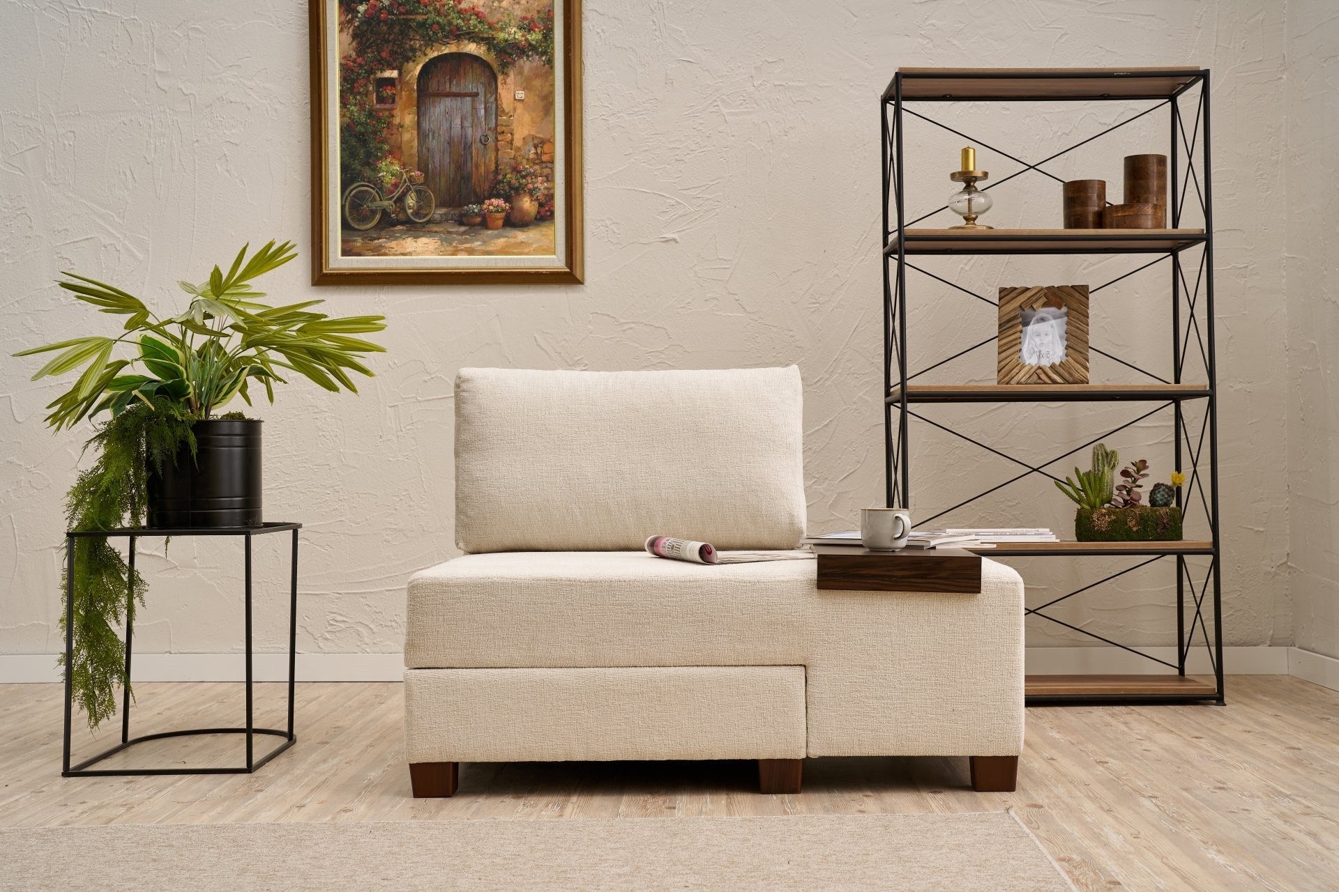 Sofá-cama elegante de 1 lugar, chenille creme, 116 x 83 x 93 cm | Estrutura de madeira, tecido fácil de limpar, assentos de espuma confortáveis | Perfeito para espaços pequenos
