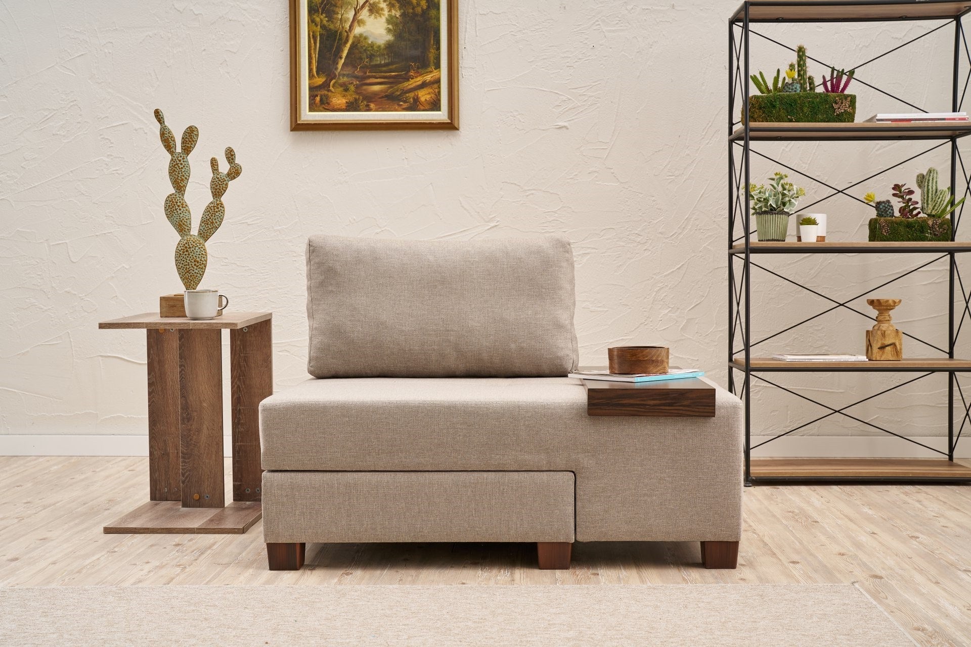 Sofá-cama elegante de 1 lugar, linho creme, 116 x 83 x 93 cm | Estrutura de madeira, tecido fácil de limpar, perfeito para espaços pequenos e quartos de hóspedes
