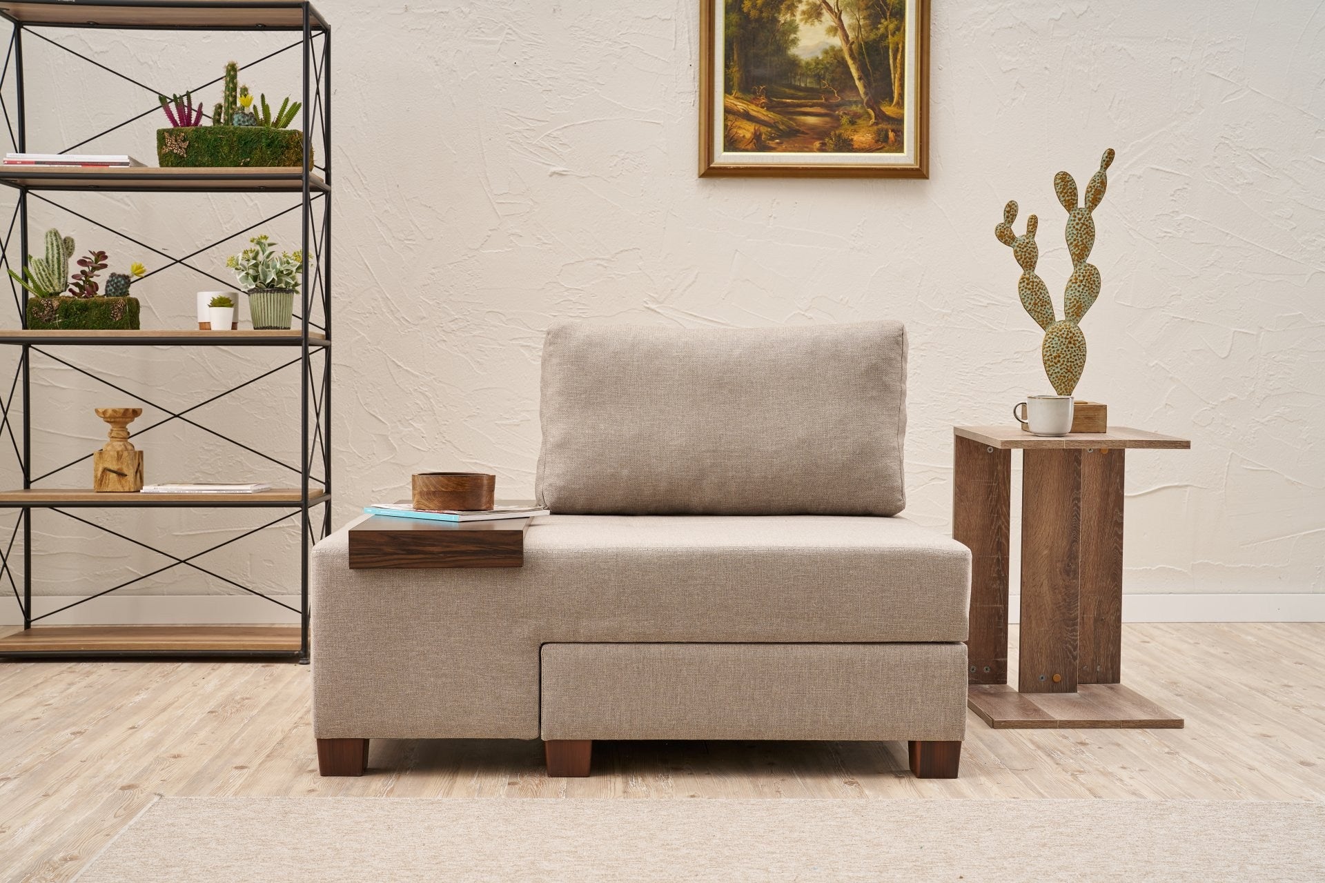 Sofá-cama elegante de 1 lugar, linho creme, 116 x 83 x 93 cm | Estrutura de madeira, tecido fácil de limpar, perfeito para espaços pequenos e quartos de hóspedes