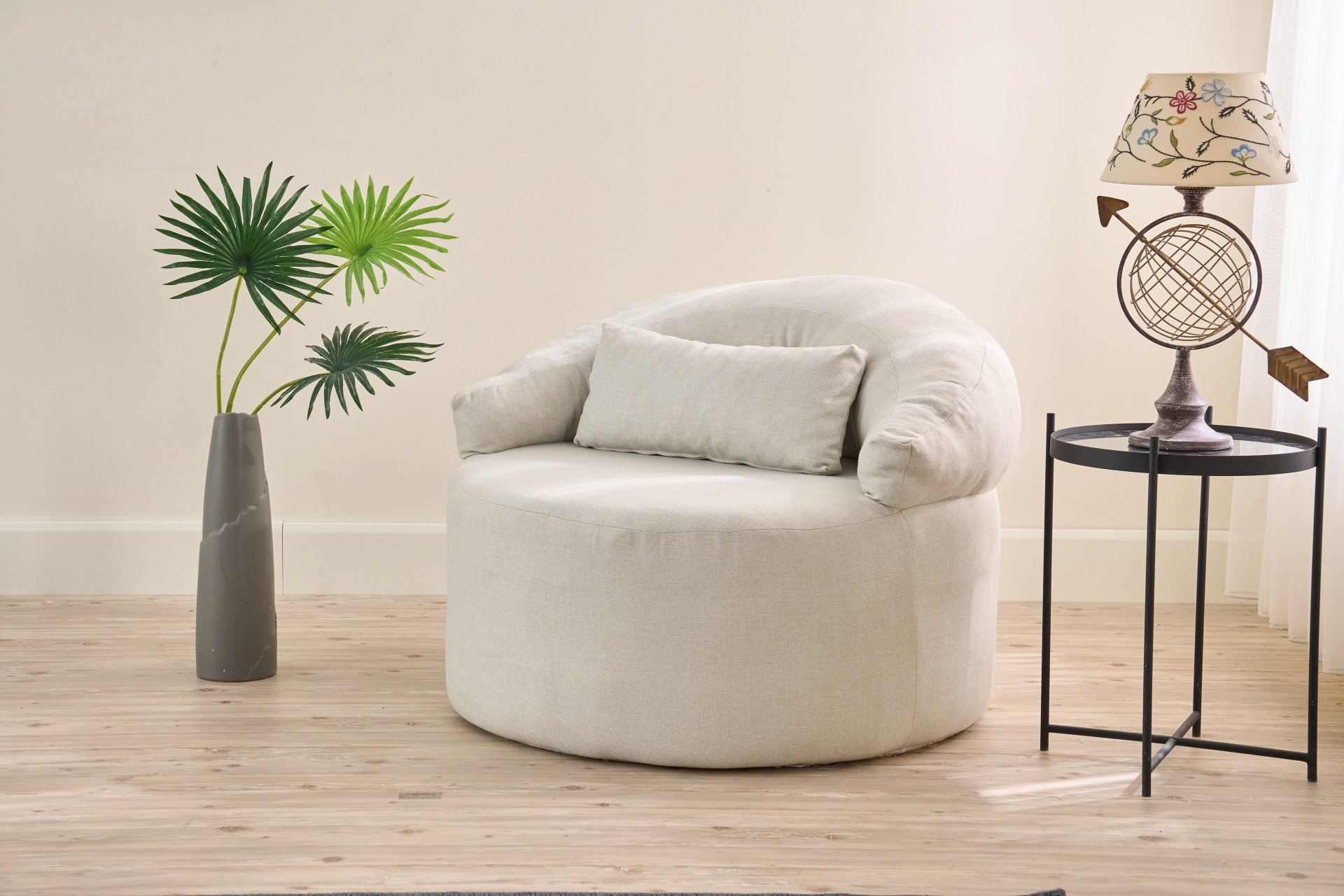Sofá elegante de 1 lugar, cor creme, textura de linho 100% poliéster, 100 cm de largura | Conforto de espuma macia, sem necessidade de montagem, design ecológico