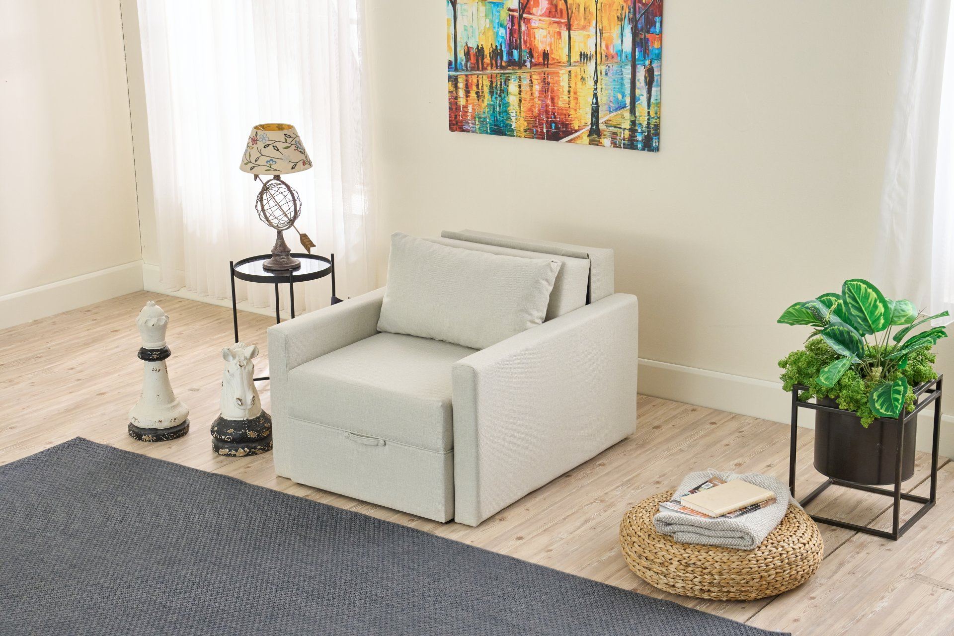 Sofá-cama elegante de 1 lugar, creme, 86 x 72 x 110 cm | Estrutura 100% madeira de abeto, tecido 100% poliéster | Baú de armazenamento e capas removíveis, fácil montagem