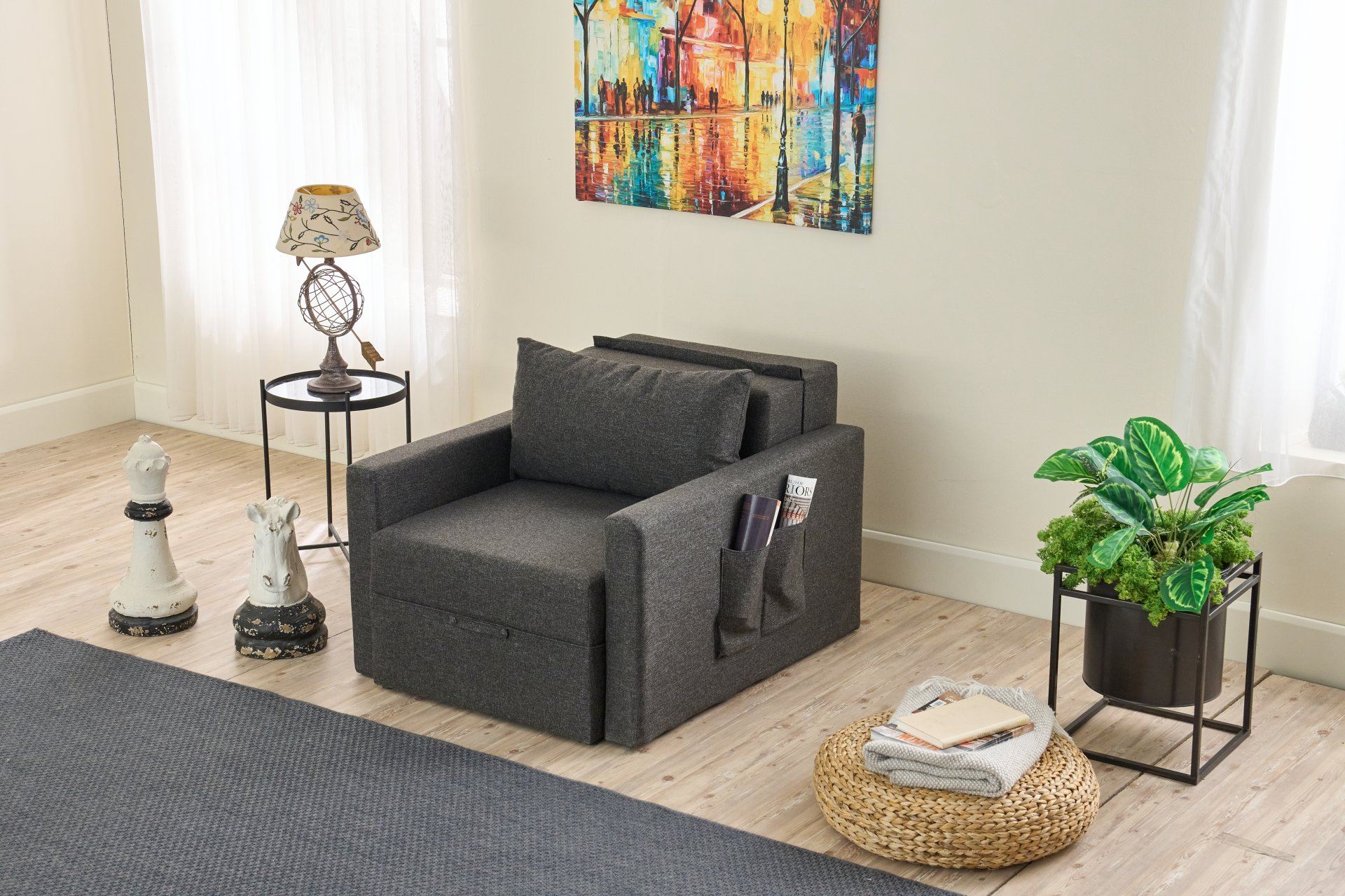 Sofá-cama elegante de 1 lugar, antracite, 86 x 72 x 110 cm | Estrutura 100% madeira de abeto, espuma 28 DNS, capas removíveis, baú de armazenamento | Perfeito para espaços pequenos