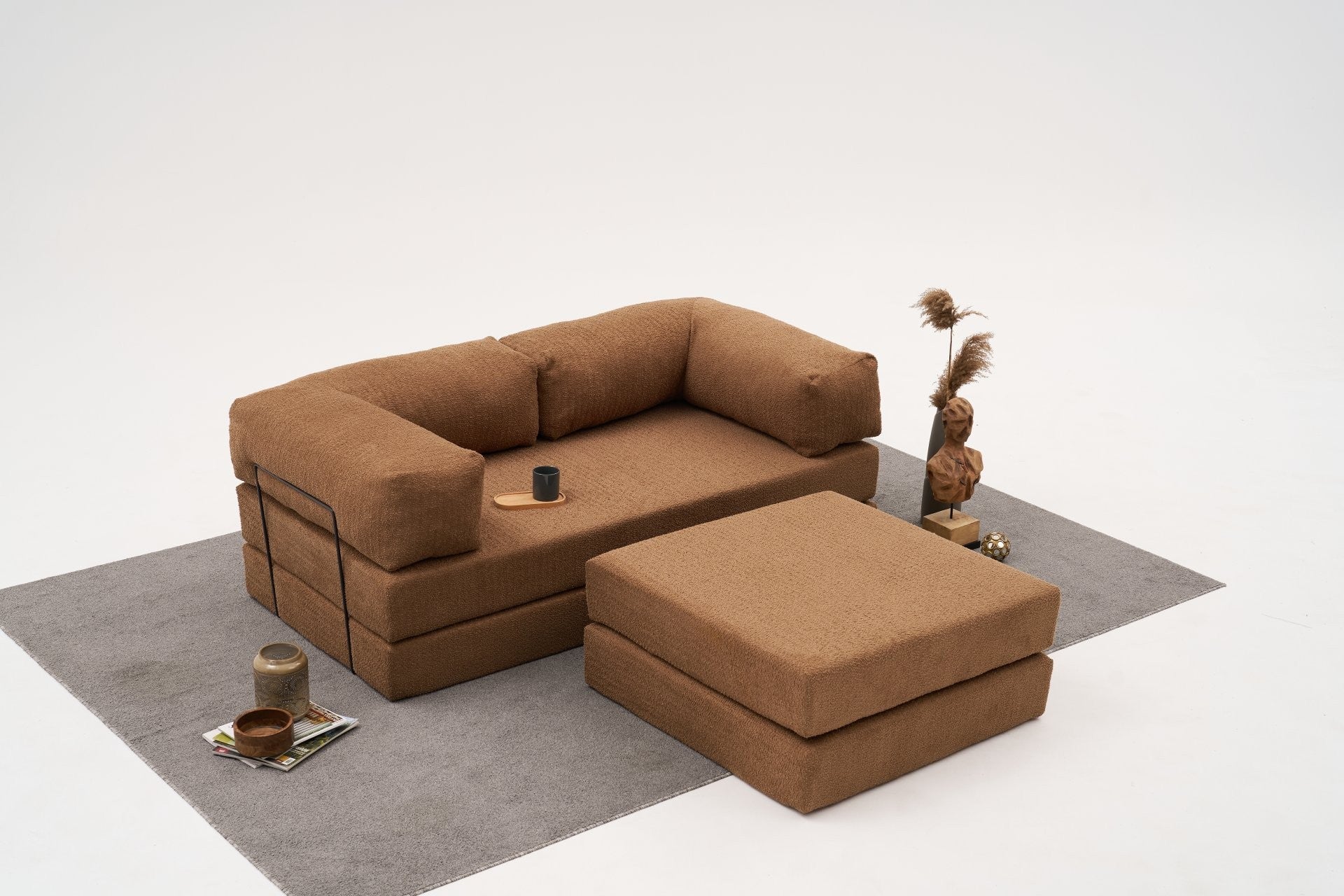 Sofá de canto elegante, tecido chenille marrom de 190 cm, espuma macia de 28 DNS, ecológico | Perfeito para sala de estar e relaxamento, tamanho da cama: 190 x 155 cm