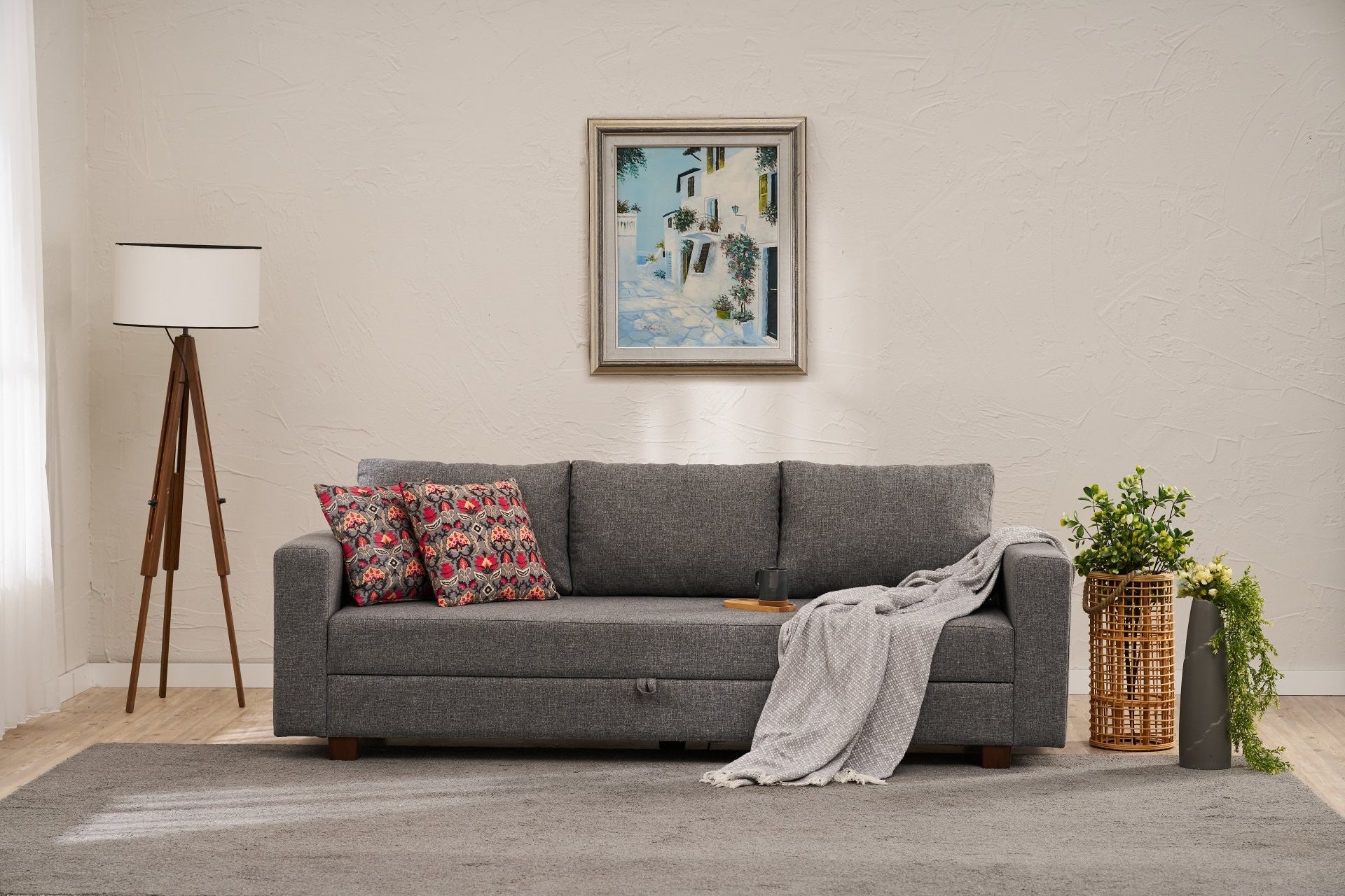 Sofá-cama elegante de 3 lugares, cinza, 220 cm | Estrutura de madeira/MDF, 100% poliéster | Espuma ecológica de dureza média, baú de armazenamento incluído | Perfeito para espaços de vida modernos