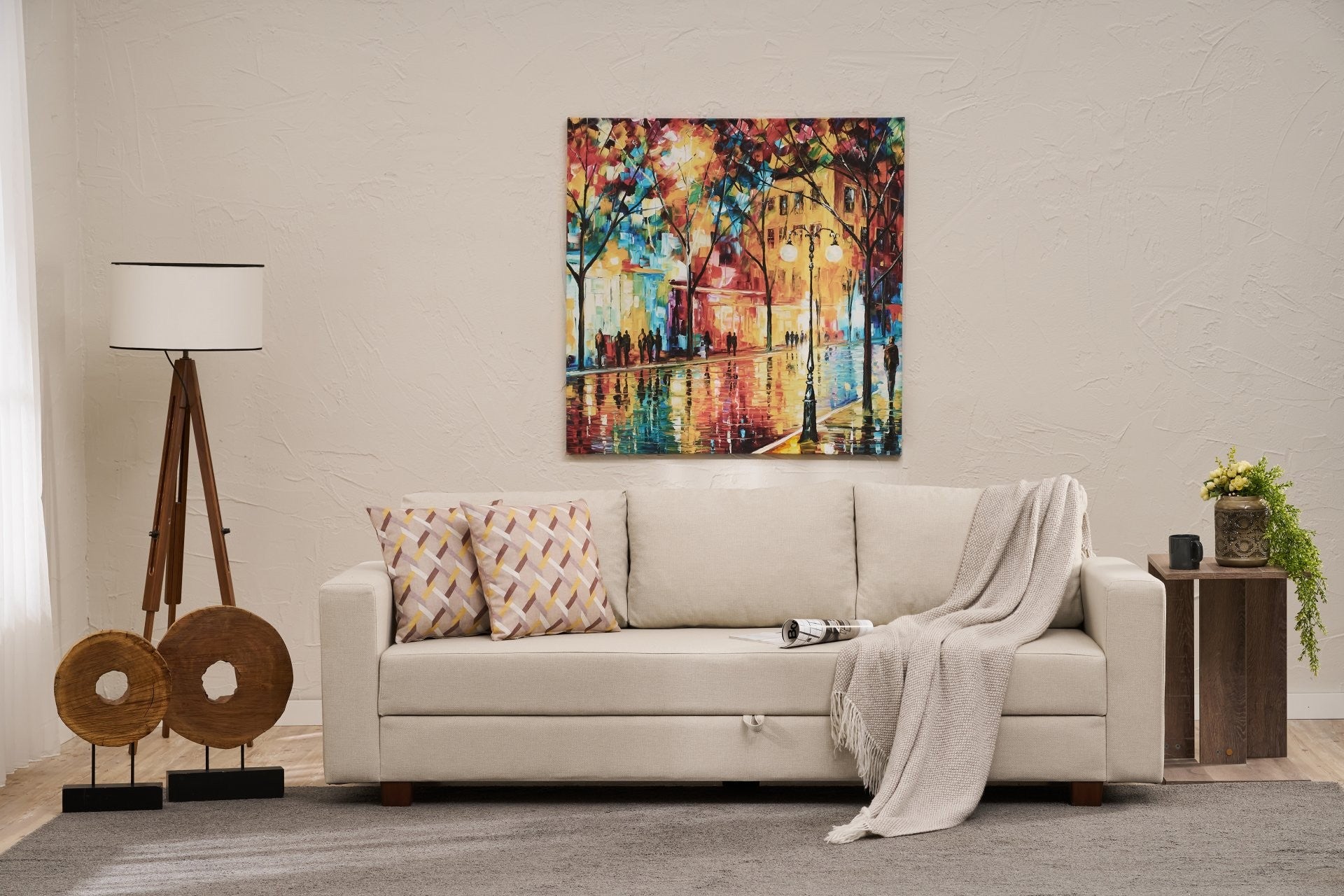 Sofá-cama elegante de 3 lugares, cor creme, 220 cm | Estrutura de madeira/MDF, 100% poliéster, ecológico | Converte-se em cama (190 x 80 cm) | Perfeito para espaços de convivência modernos