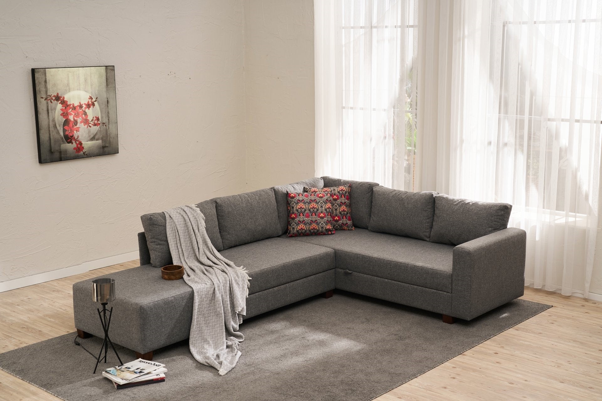 Sofá-cama de canto elegante, cinza, 280 cm | Estrutura de madeira, tecido de algodão/poliéster | Converte-se em cama de 150 x 190 cm | Cômoda espaçosa e ecológica