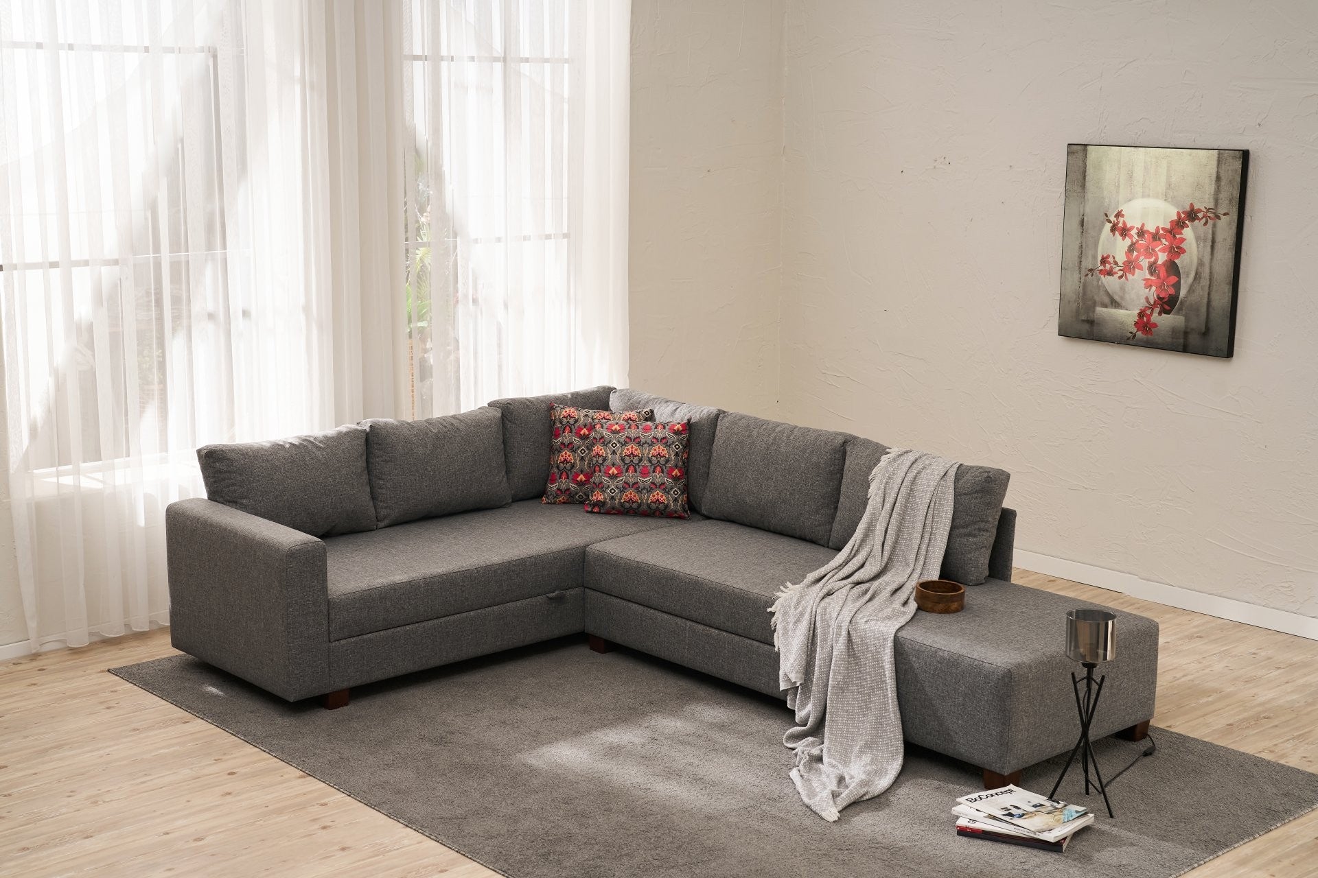 Sofá-cama de canto elegante, cinza, 280 cm | Estrutura de madeira, tecido de algodão/poliéster | Converte-se em cama de 150 x 190 cm | Cômoda espaçosa e ecológica