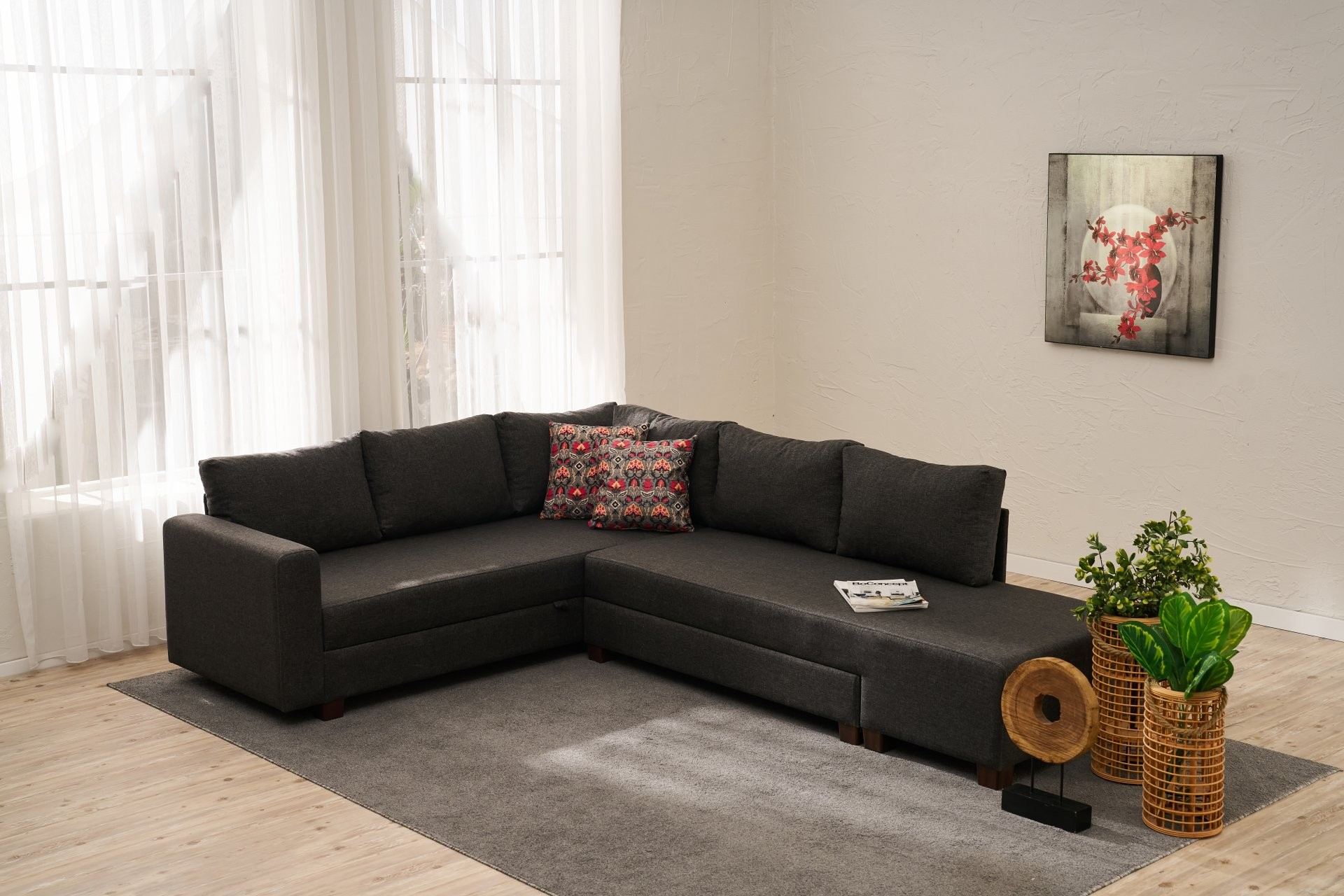 Sofá-cama de canto elegante, antracite, 280 x 210 cm | Estrutura de madeira, tecido de algodão/poliéster | Ecológico, baú de armazenamento, perfeito para espaços de vida modernos