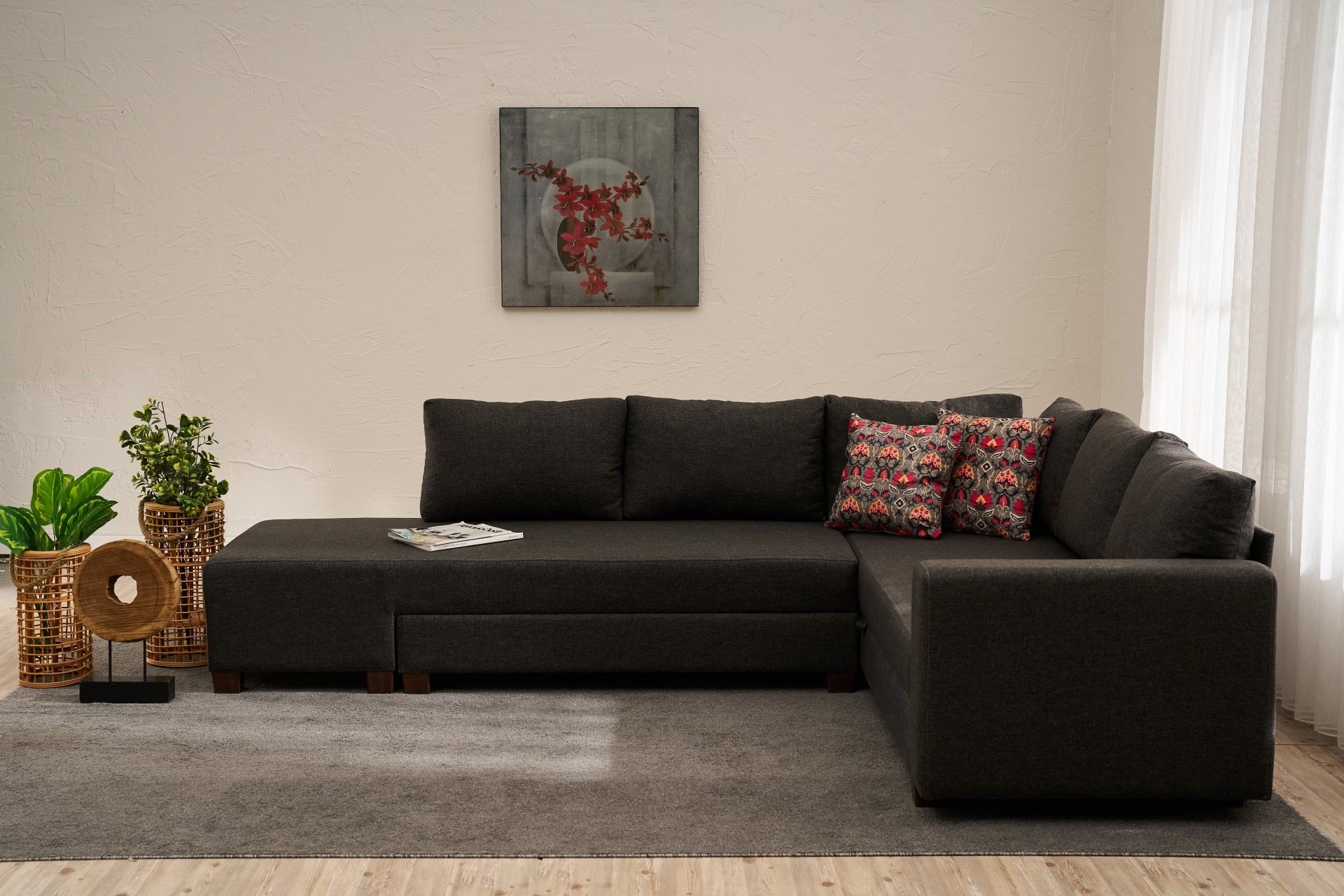 Sofá-cama de canto elegante, antracite, 280 x 210 cm | Estrutura de madeira, tecido de algodão/poliéster | Ecológico, baú de armazenamento, perfeito para espaços de vida modernos