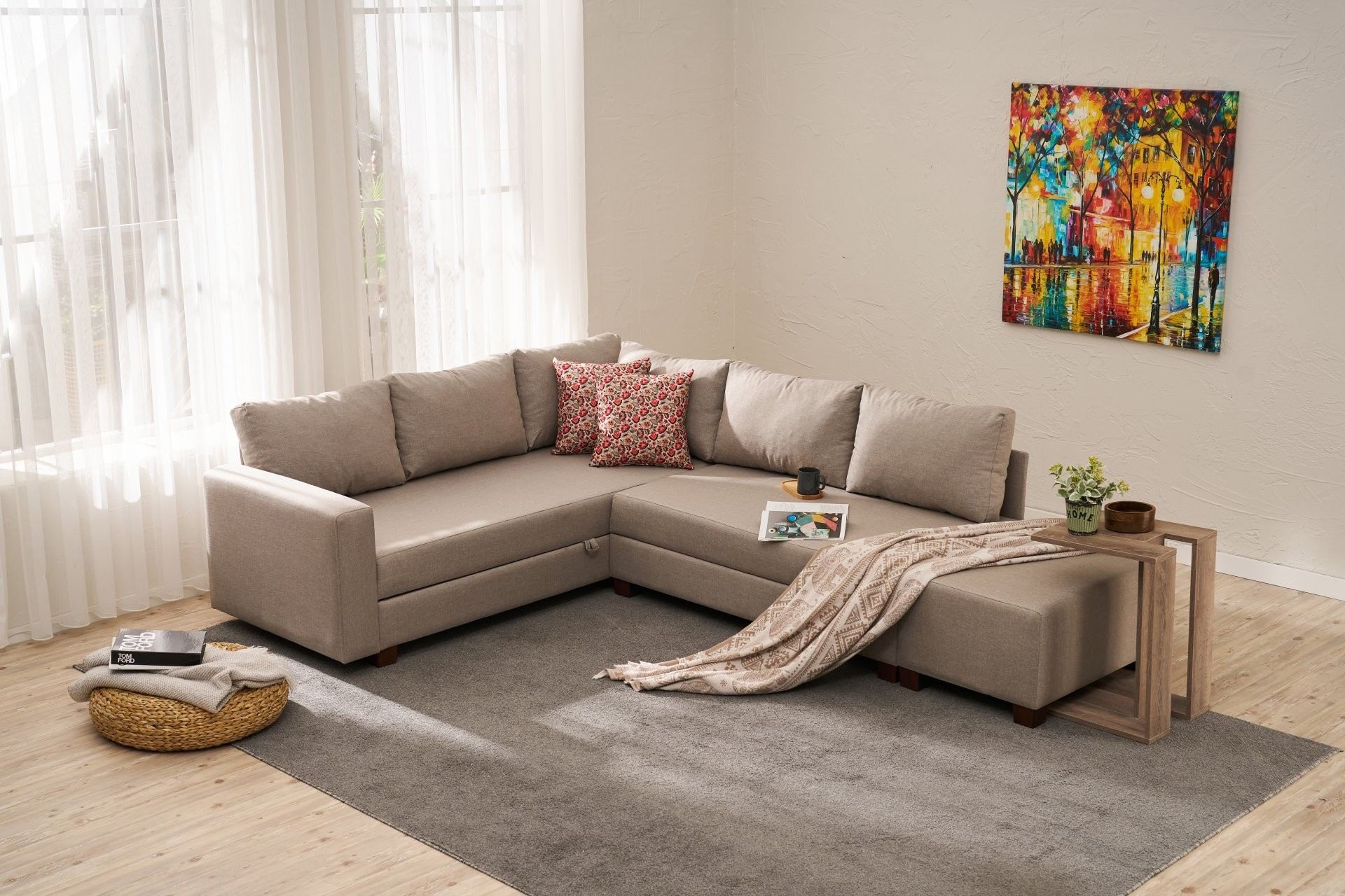 Sofá-cama de canto bege, 280 cm | Estrutura de madeira, tecido de algodão/poliéster | Tamanho da cama: 150 x 190 cm, cômoda | Design ecológico, elegante e funcional